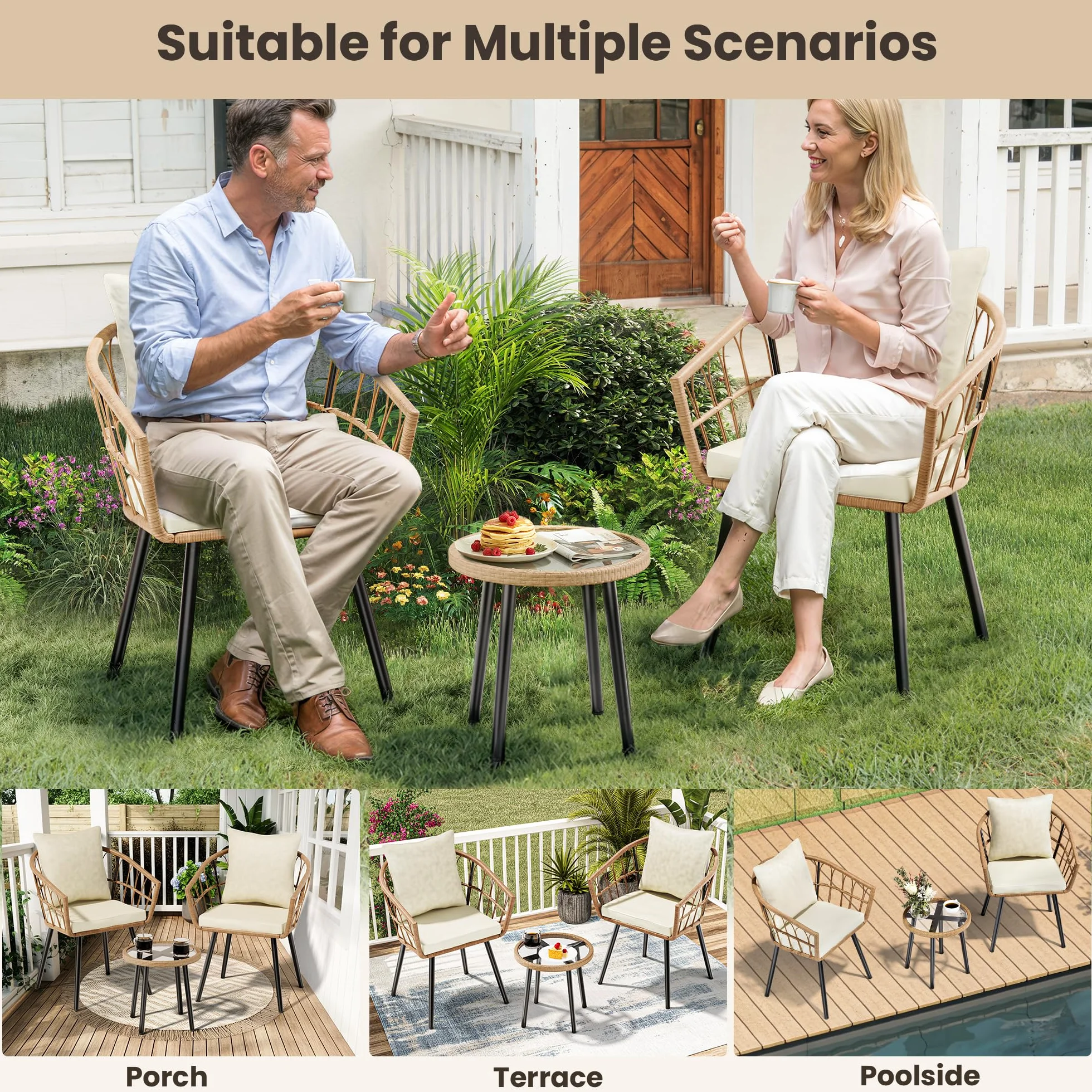Pamapic Salon de Jardin 3 Pièces Ensemble Meubles de Jardin en Rotin avec Table Ronde et 2 Chaises