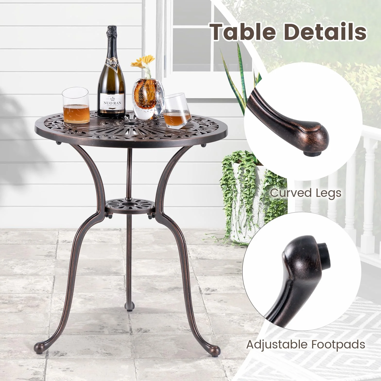 GIANTEX Table de bistrot extérieur fonte aluminium 61 cm trou parapluie coussinets pieds réglables