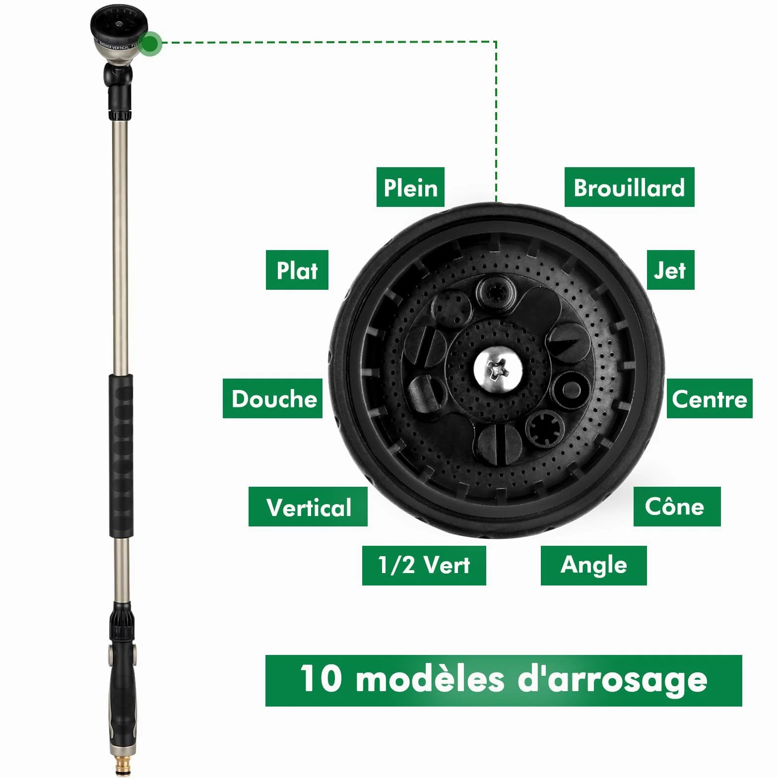 RESTMO Pistolet d'arrosage de jardin en métal extra-longue 92 cm | Avec sa buse rotative à 180°,10 modes de pulvérisation et son contrôle du débit, l'arrosage des paniers suspendus arbustes.