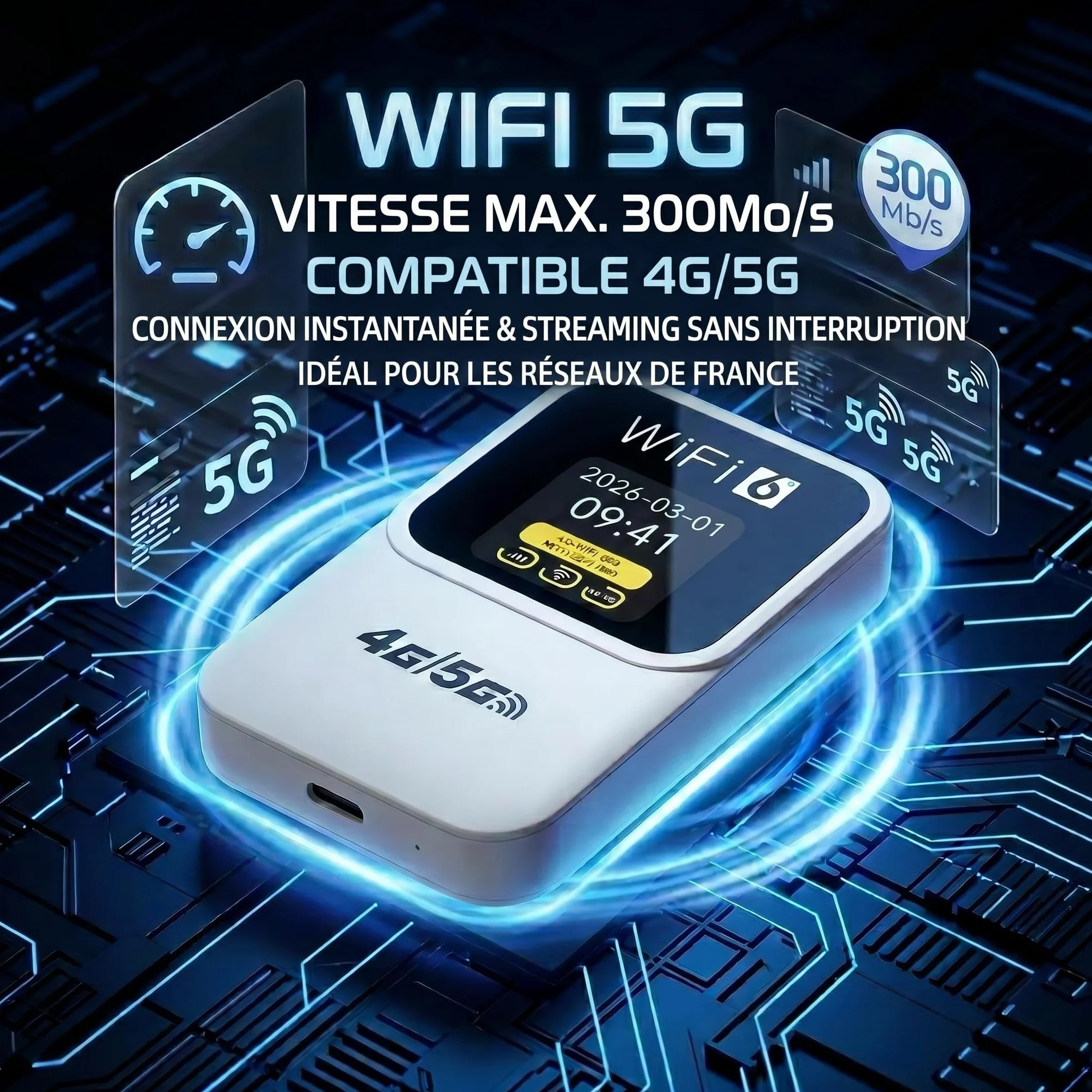 Routeur 5G Portable WiFi 6 Déverrouillé Modem Carte SIM Haut Débit 5G/4G+ 28 Appareils Voyage Télétravail