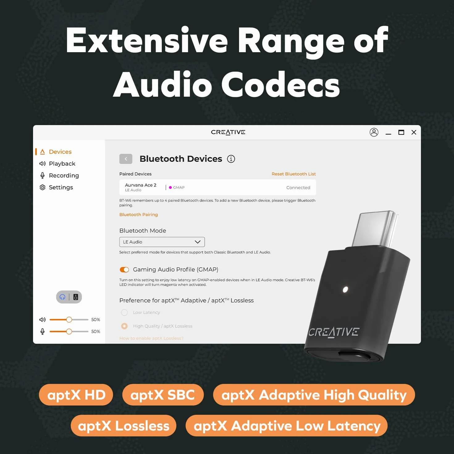 CREATIVE BT-W6 Transmetteur Audio sans Fil Bluetooth 5.4 Snapdragon Sound aptX Lossless Low Latency 24 Bits 96 kHz PC Mac Console
