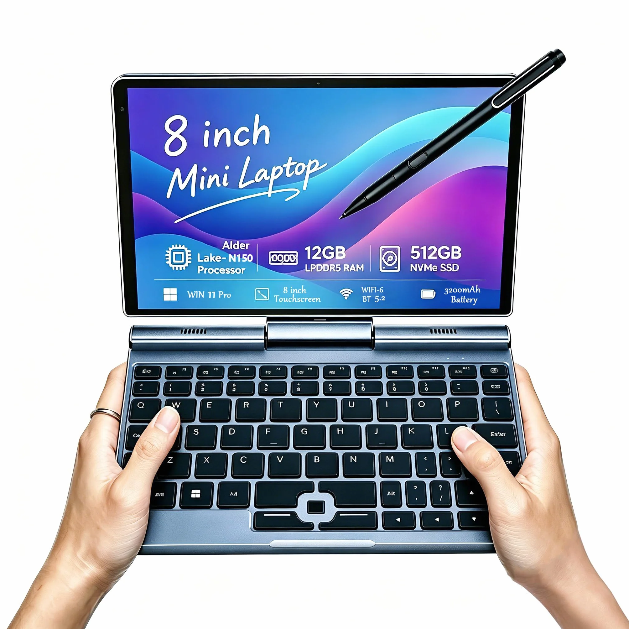 Mini Ordinateur Portable 2 en 1 N150 12 Go RAM 512 Go SSD écran Tactile Rotatif HD Windows 11 Pro