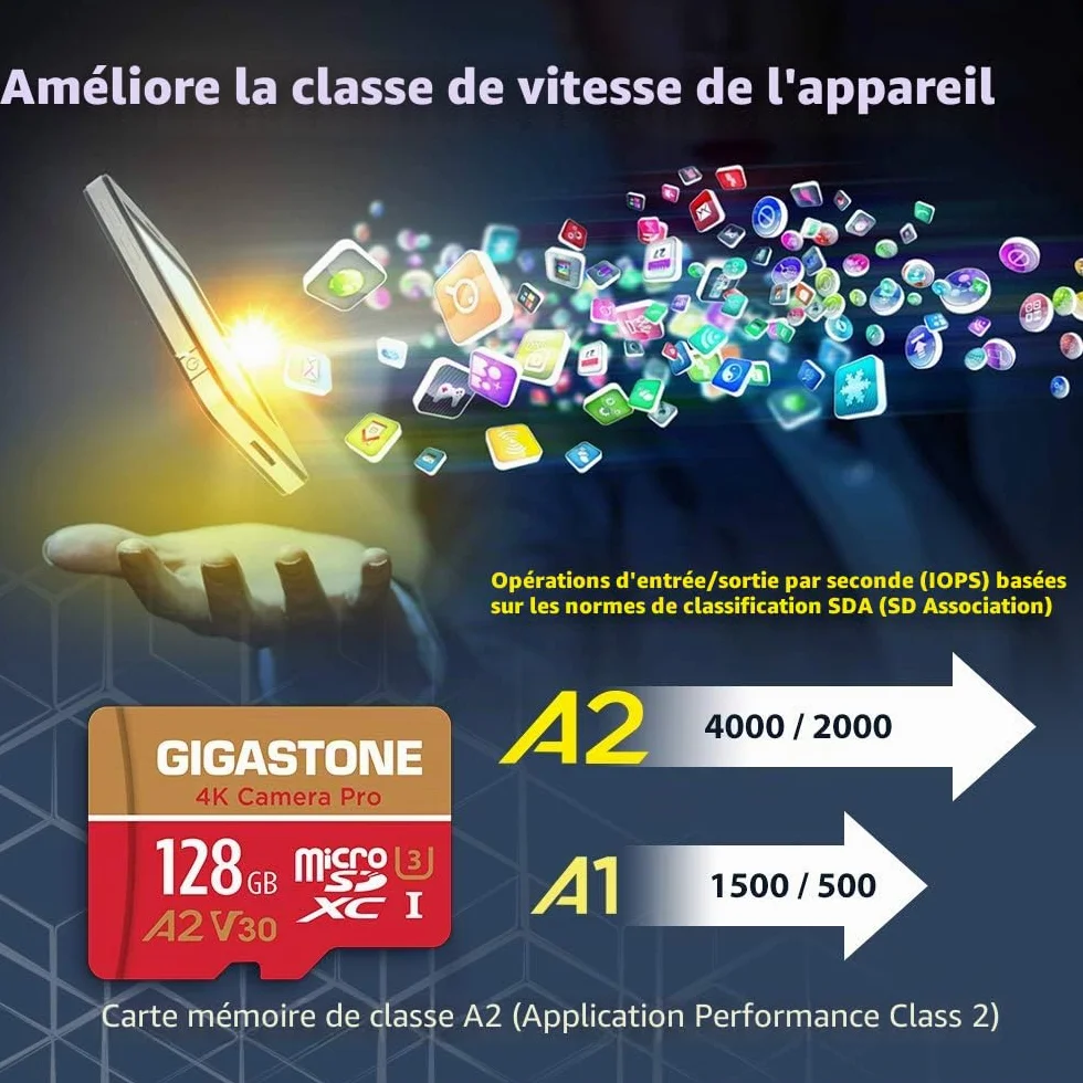 Gigastone Carte Micro SD 128 Go microSDXC UHS-I U3 A2 V30 C10 100/50 Mo/s