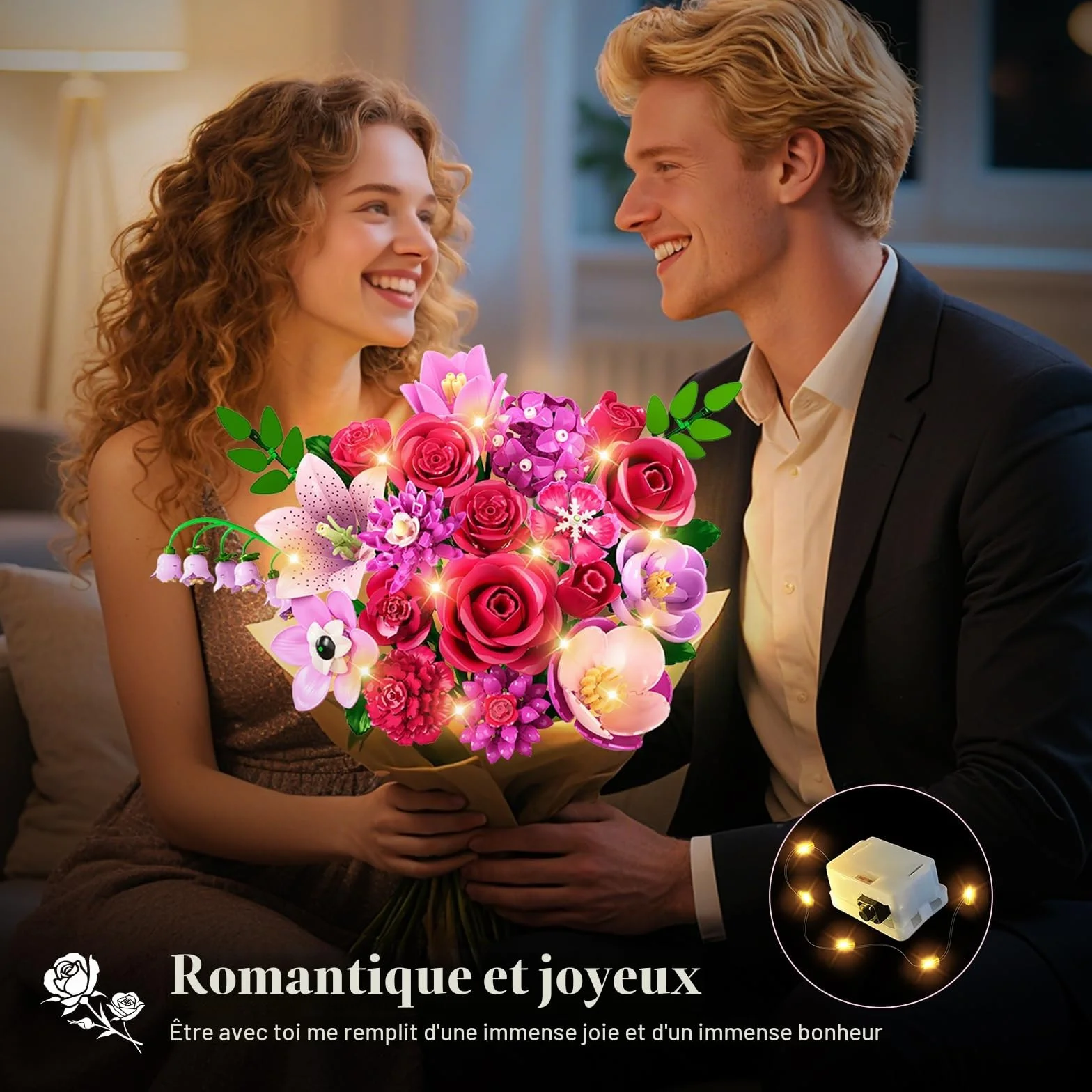 CUBIMANA Bouquet de Fleurs LED 21 Roses Rouges Collection Botanique 832PCS