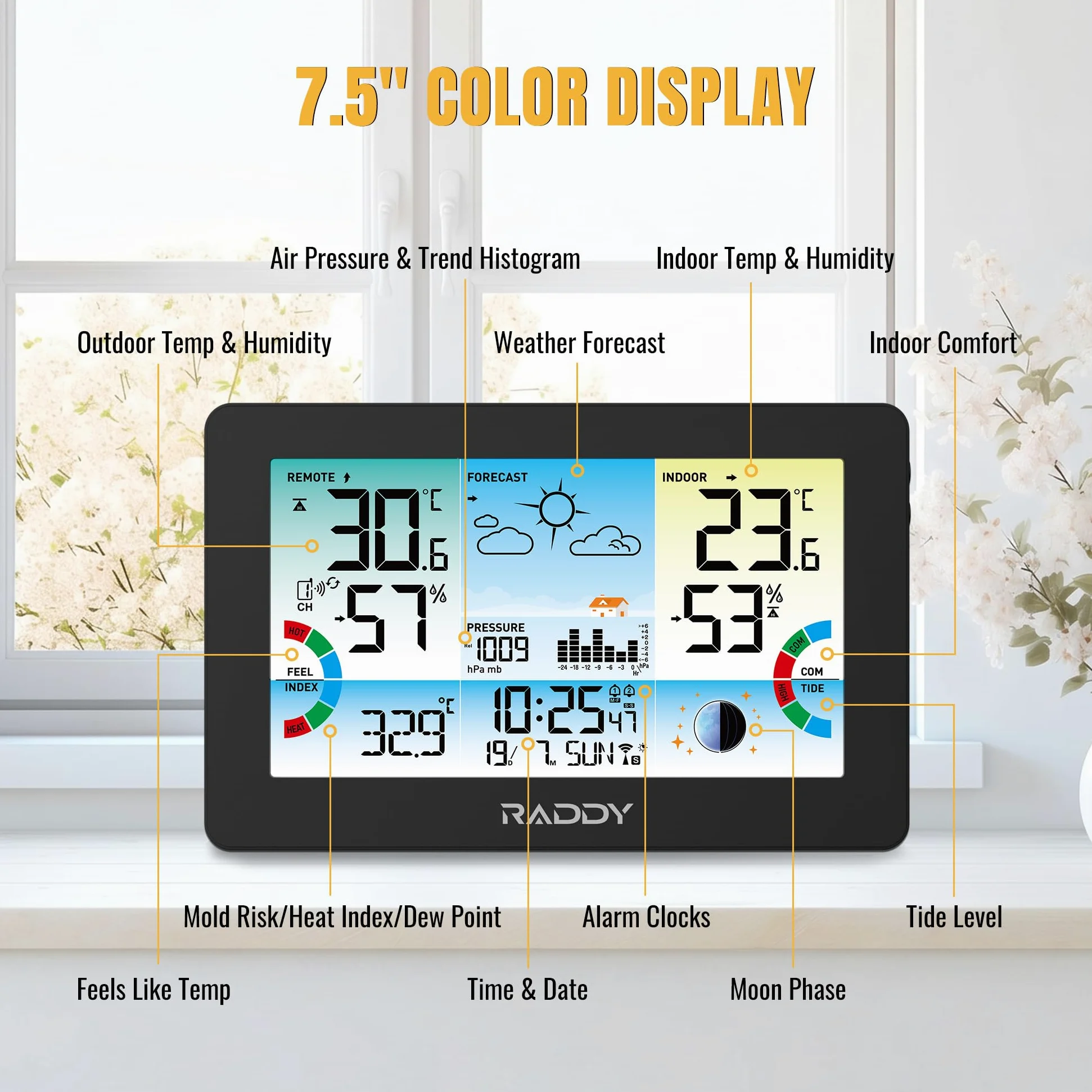 Raddy HW75 Station Météo Sans Fil Intérieur Extérieur, Écran Couleur 7,5", Thermomètre Hygromètre avec Pression Barométrique, Horloge Atomique, Indice de Chaleur, Point de Rosée, Phase Lunaire, Jardin