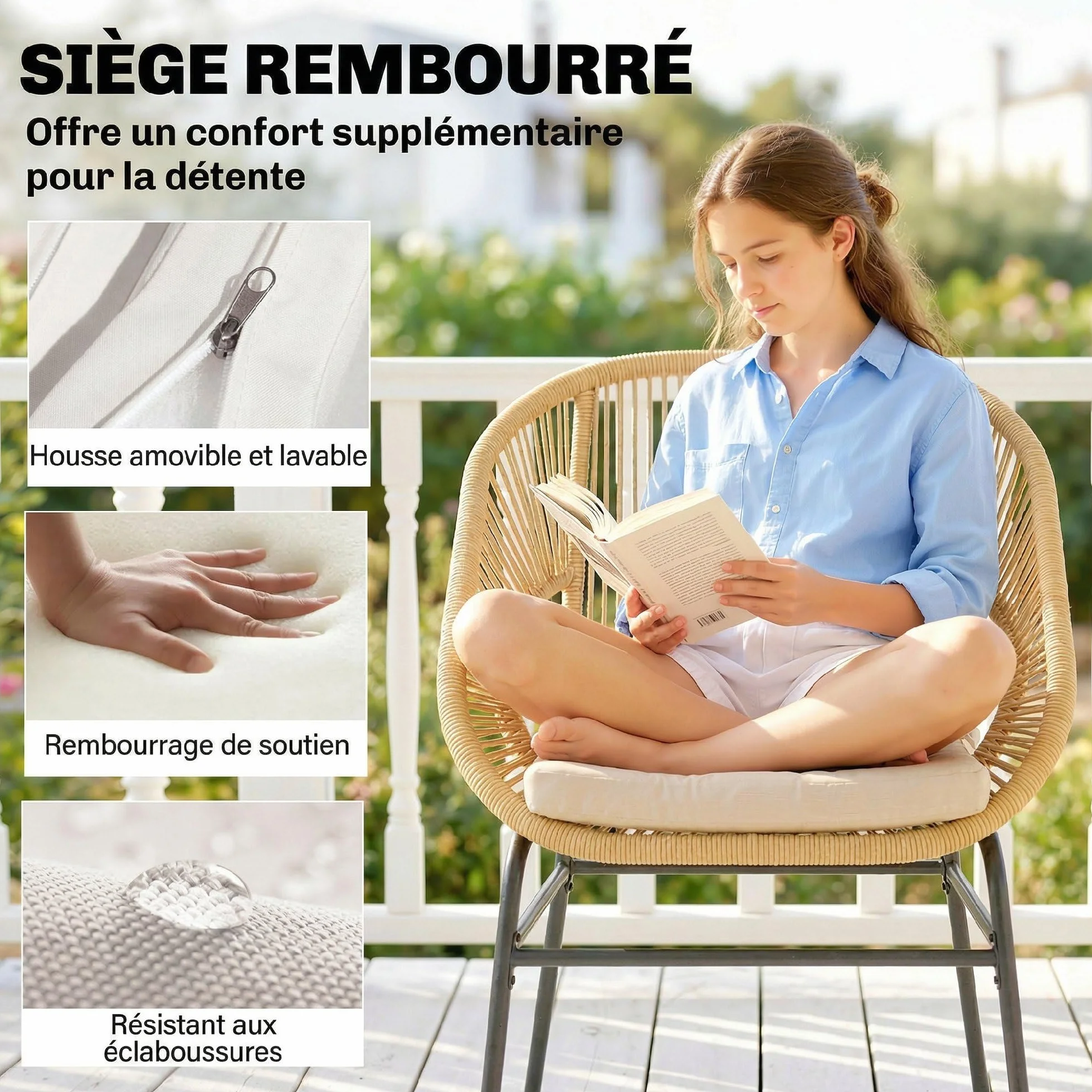 Outsunny Ensemble Bistro 3 Pièces Résine Tressée Salon Balcon 2 Fauteuils Table Verre Trempé Beige