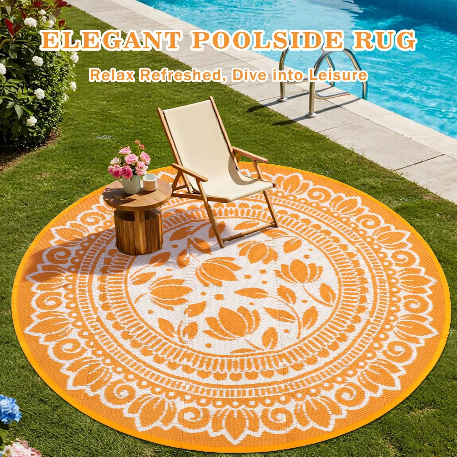 Tapis d'extérieur rond, noir, 180 cm, style bohème, résistant aux intempéries, réversible, en plastique, résistant aux UV, pour camping-car, camping, terrasse, plage, jardin, pique-nique