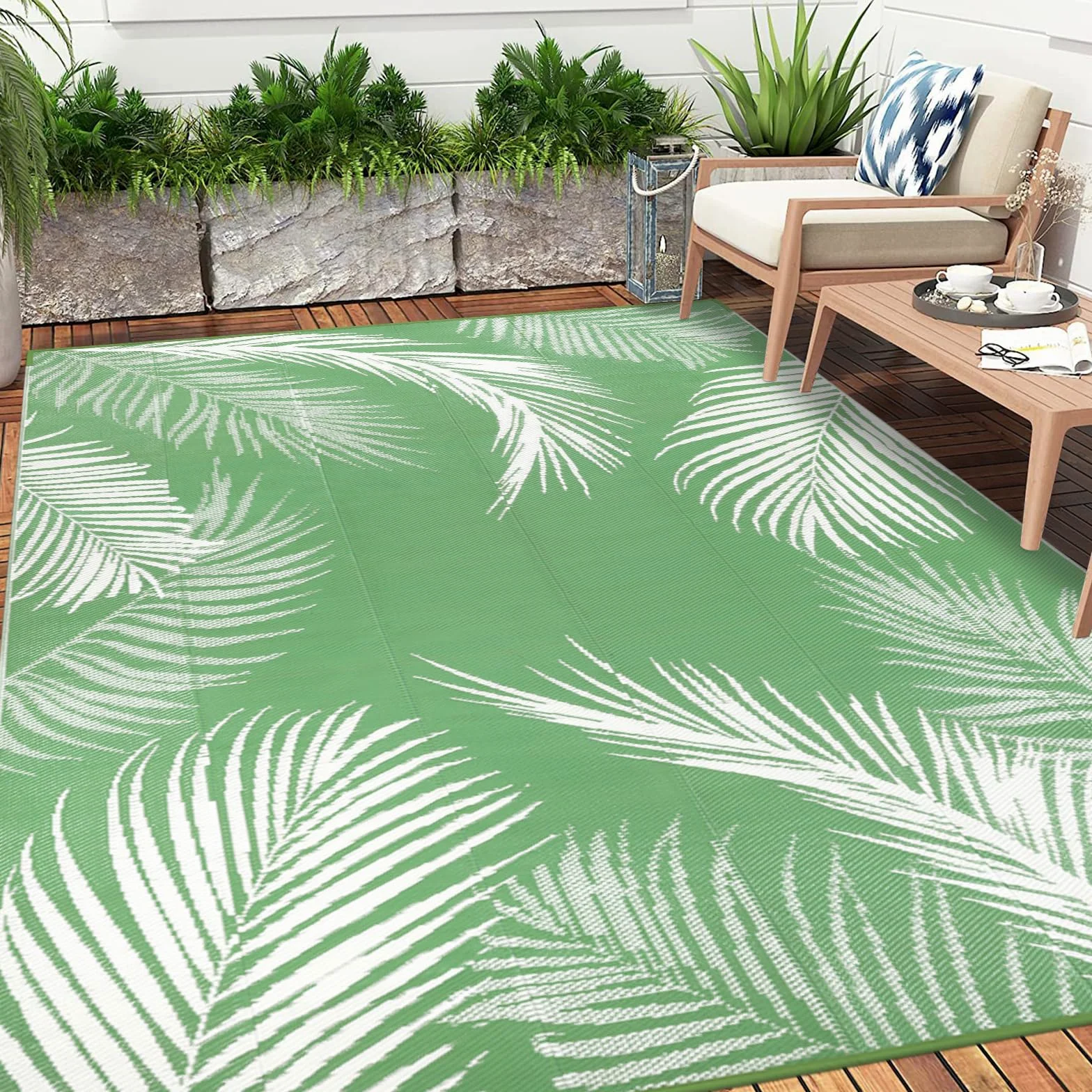 Pauwer Tapis d'extérieur imperméable réversible en paille de plastique, tapis d'extérieur pour patio, camping-car, pique-nique, jardin, terrasse, balcon, porche - 1,8 x 2,7 m