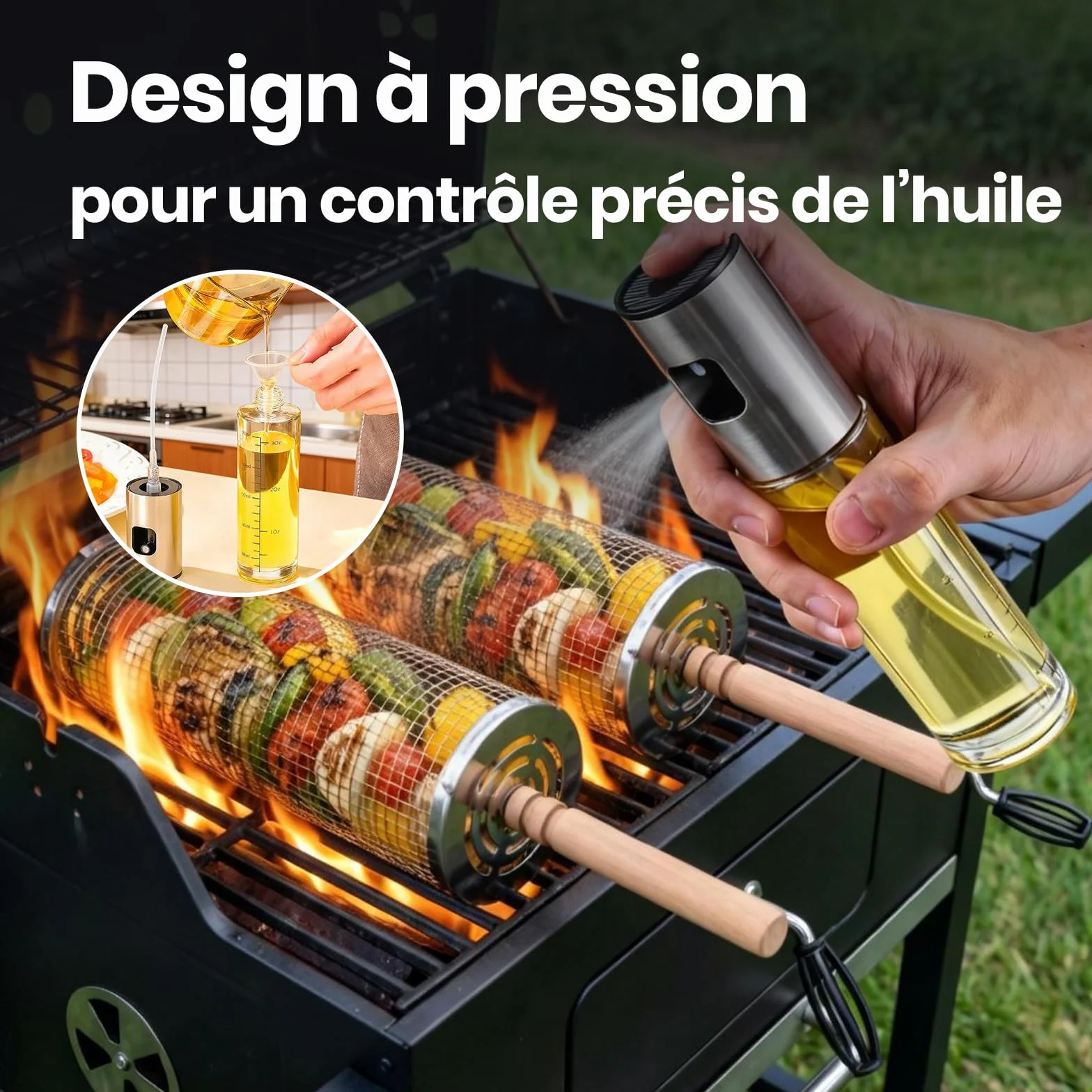 Set de Panier à Barbecue Roulant avec Accessoires, Acier Inoxydable 304, Poignée Détachable, 18 Pièces