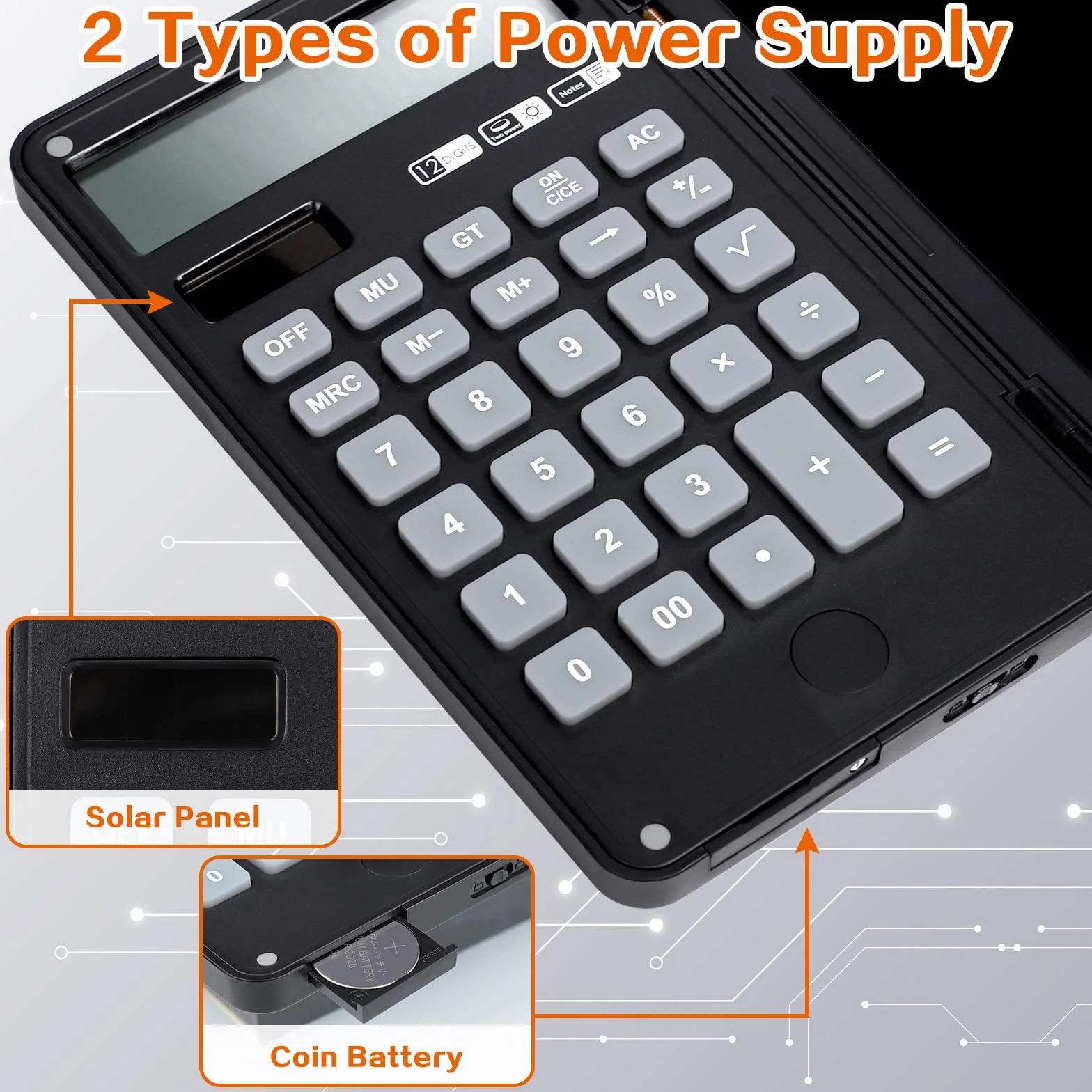 Tablette d'écriture LCD Effaçable Calculatrice Bureau 12 Chiffres Solaire Batterie Double Alimentation Poche Noir