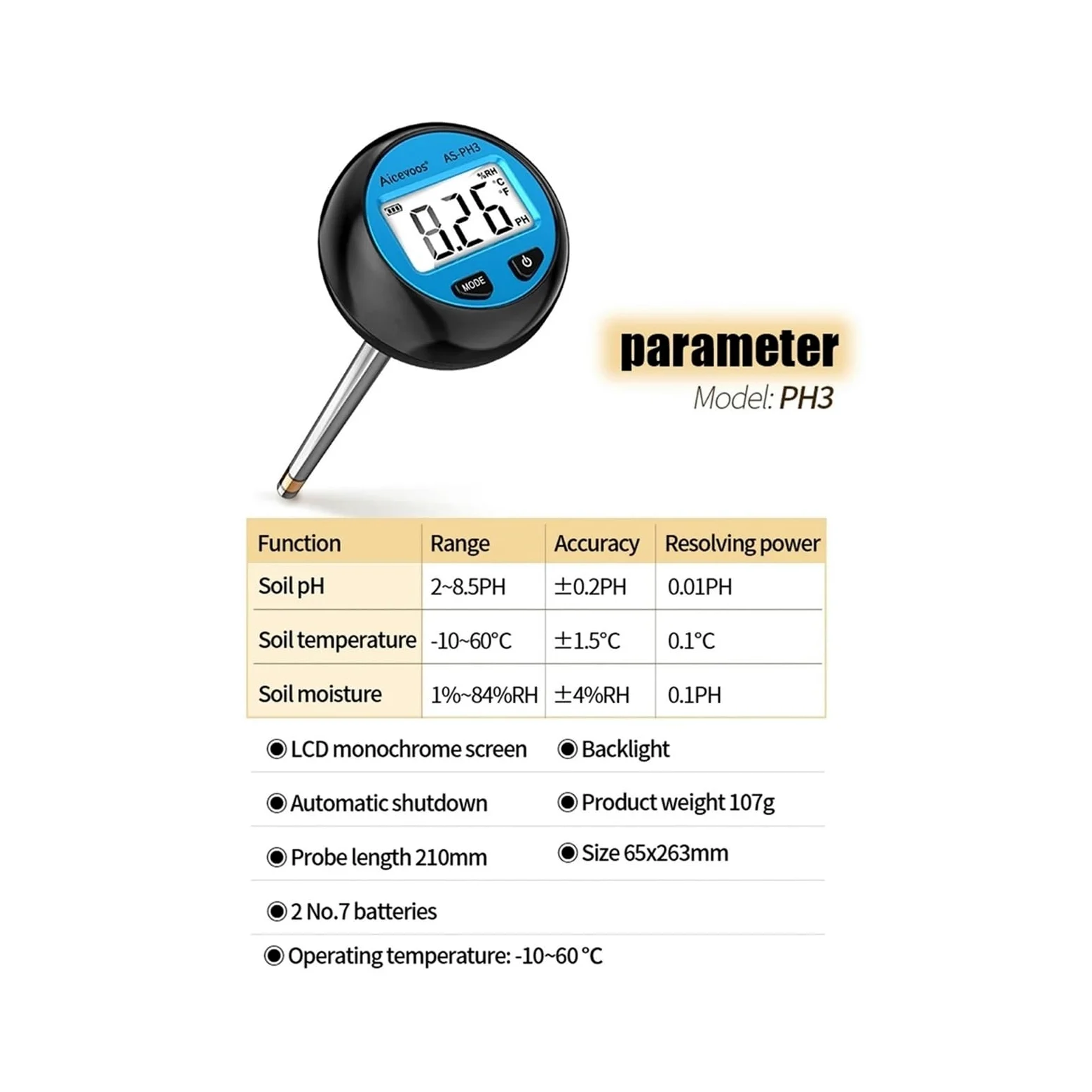 Ph-mètre numérique 3 en 1 for Sol, Moniteur de température et d'humidité, testeur d'activité du pH, Instruments Mesure for Le jardina Jardinage, Agriculture