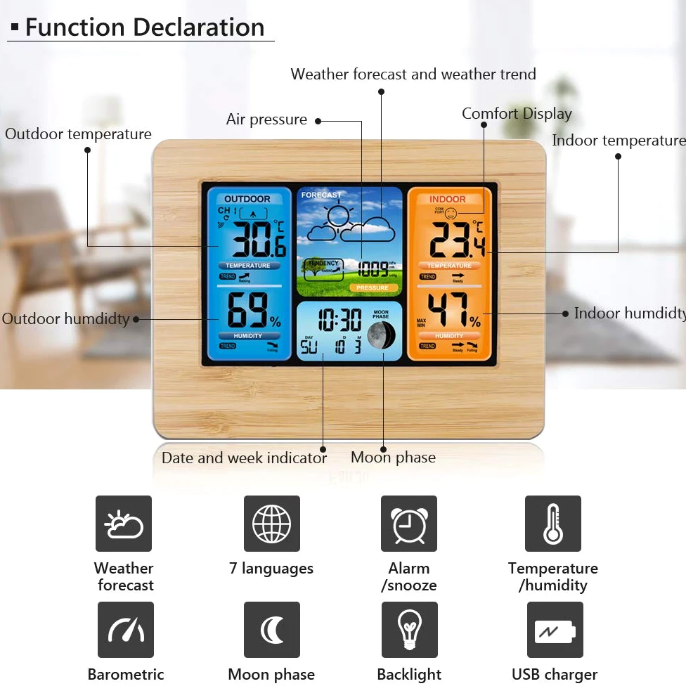 Station Météo sans Fil Station Météo à Prévision Numérique des Couleurs avec Alerte et Température/Humidité/Baromètre/Alarme/Horloge Lunaire/Météo avec Capteur Extérieur, Jaune