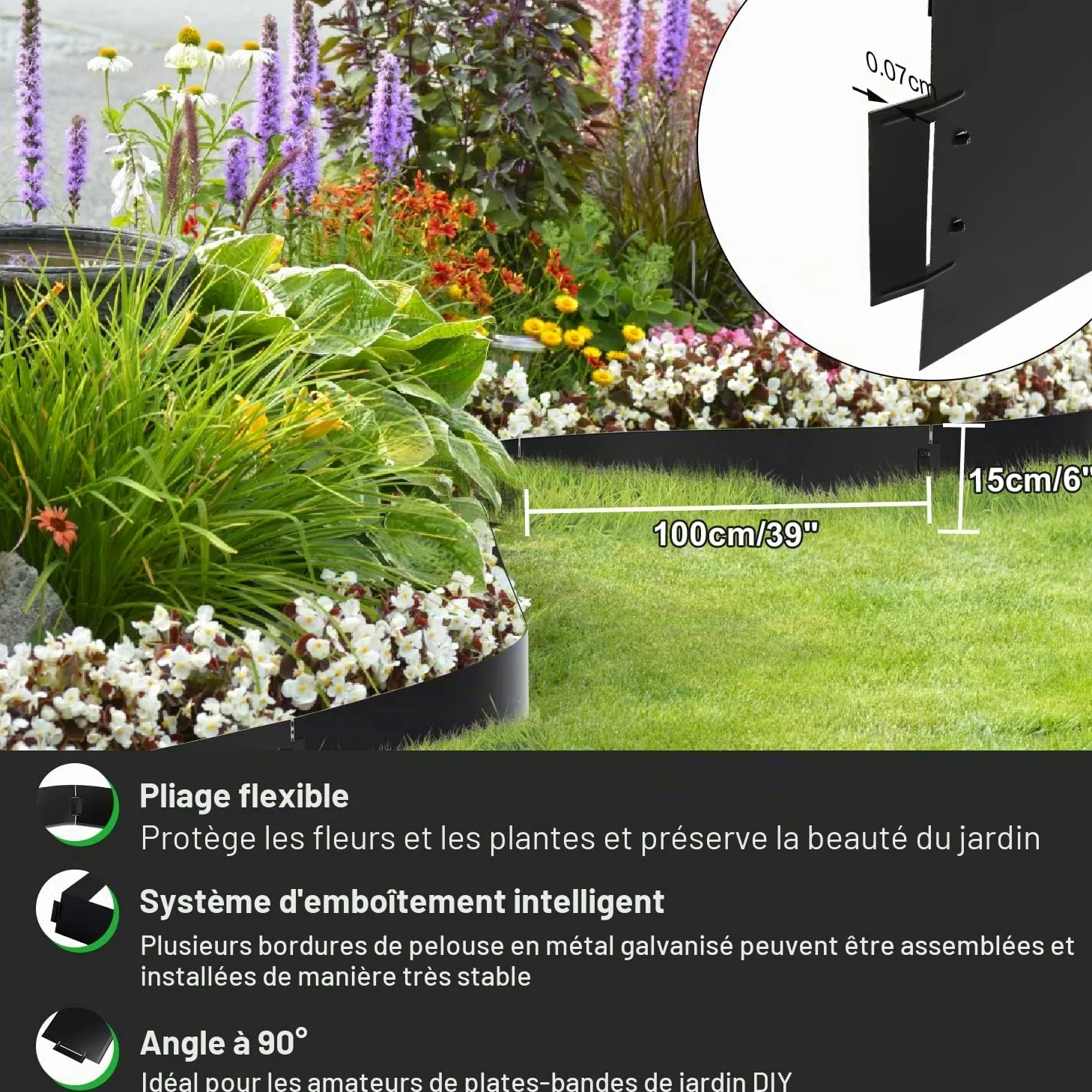 Bordure de gazon en métal 15m pour parterres de fleurs - Galvanisé 100x18 cm - Bordure de pelouse en métal servant de barrière racinaire, Noir