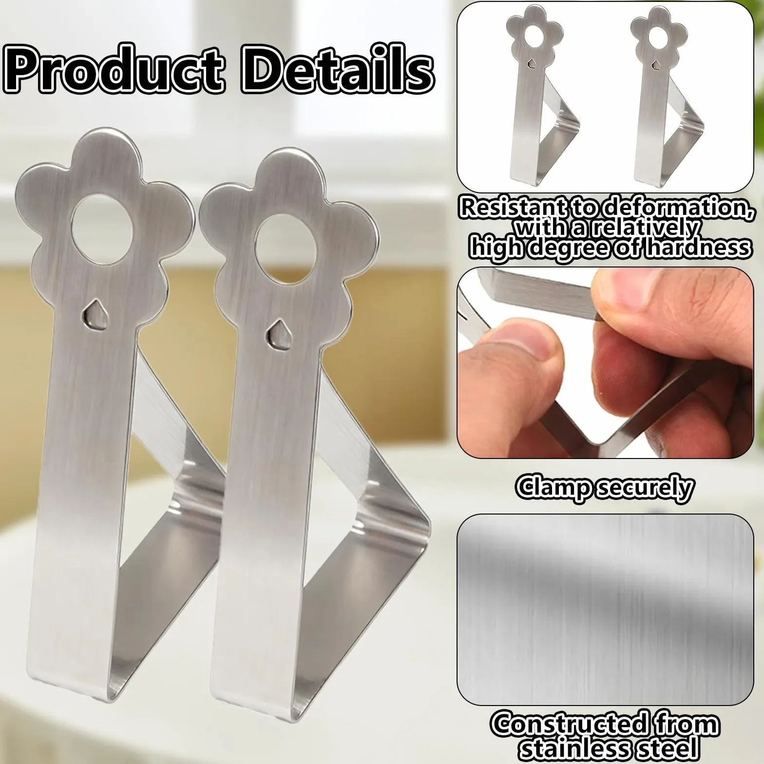 Pince pour Nappe de Table Extérieur Acier Inoxydable Design Fleuri Adjustable Fixation 2.5-3.5 cm Argent 10 Pièces
