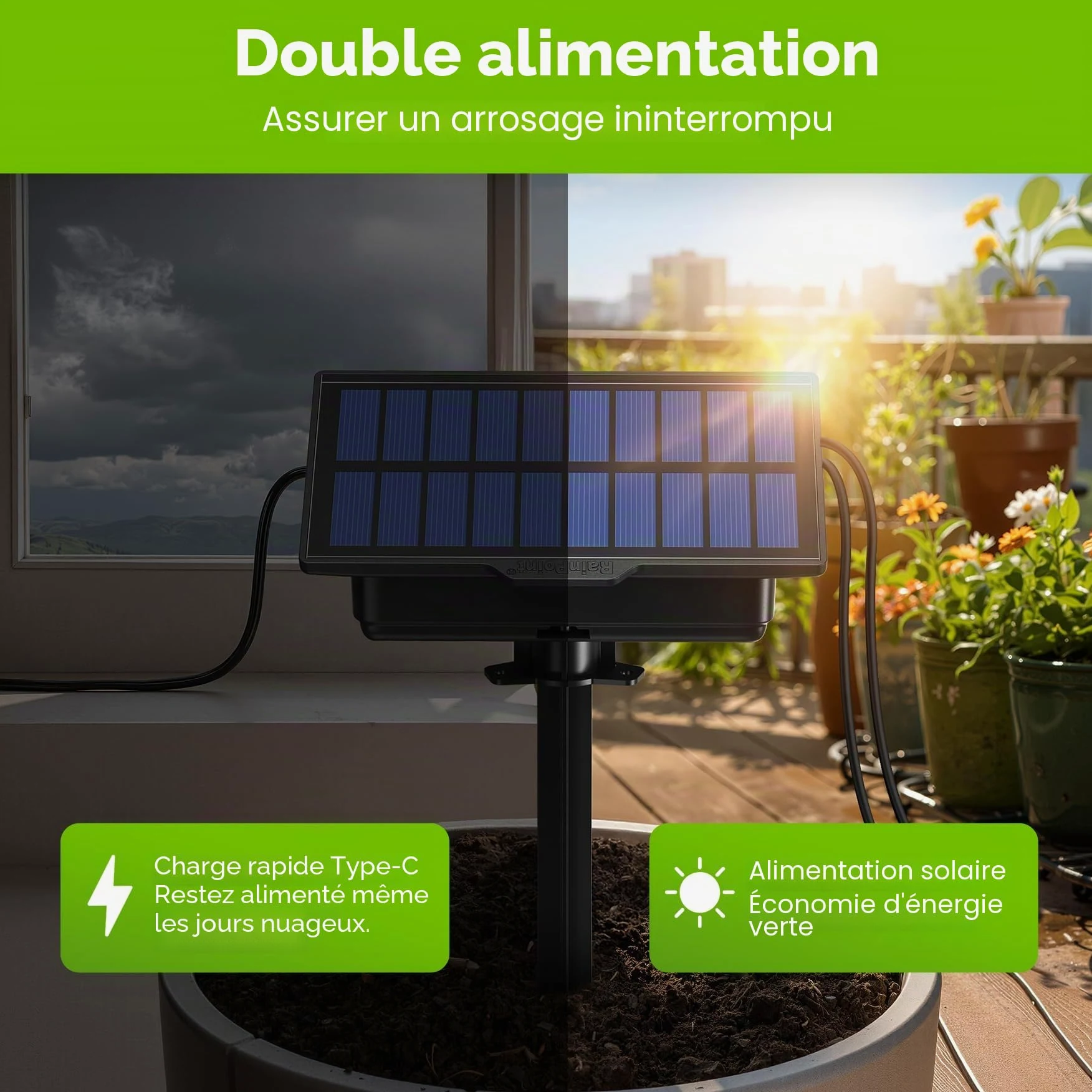 RAINPOINT Kit D'arrosage Goutte à Goutte Solaire, nouveau tuyau pour une distribution d'eau uniforme, kit d'irrigation automatique pour balcons avec 90 modes de minuterie + tuyau de 15 m, anti-siphon