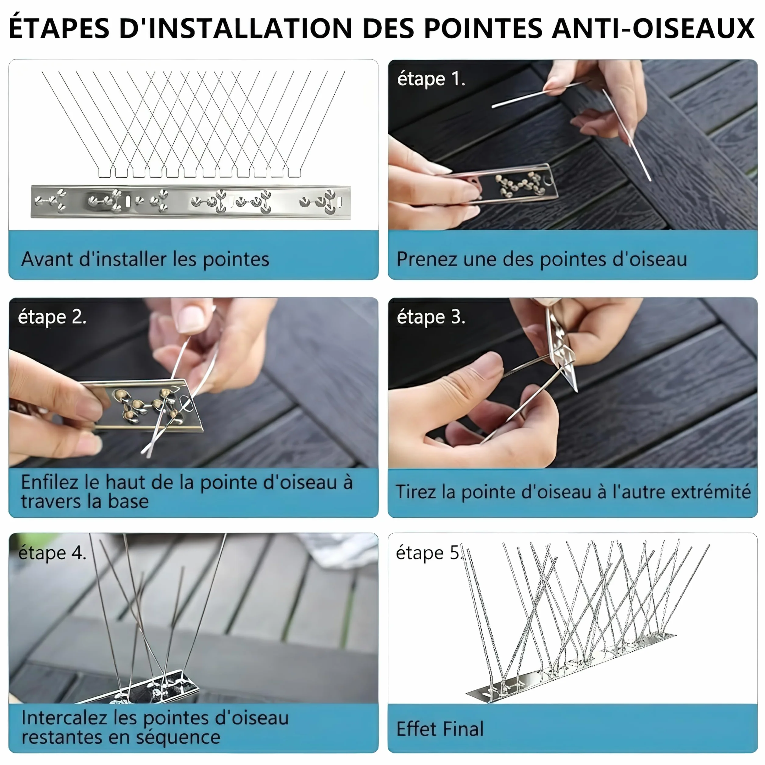 Anti Pigeon INOX 304 Kit Répulsif Oiseaux 1m 4 Pcs 25cm 8 Vis 8 Colliers