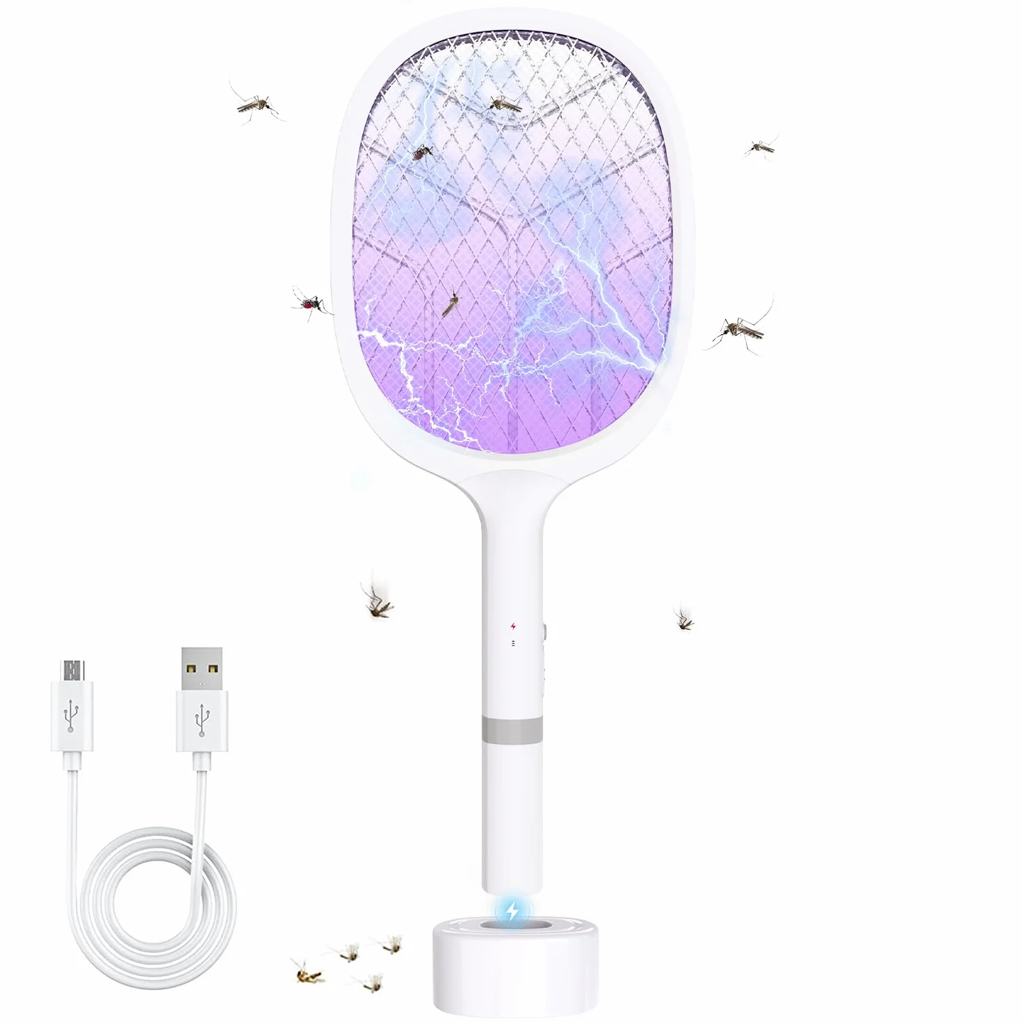 Raquette Electrique Insectes 4800V Tapette Moustique avec Piège Lumière UV Rechargeable USB 2000mAh Blanc