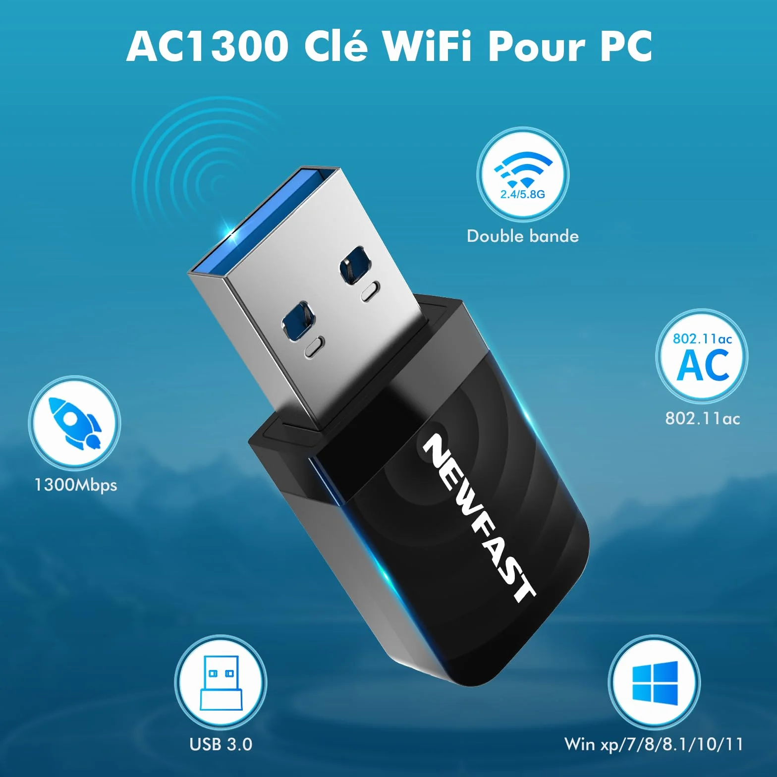 NEWFAST Clé WiFi AC1300 Mbps NF-U323, Nano Adaptateur USB WiFi Double Bande 2.4G/5GHz, MU-MIMO USB 3.0