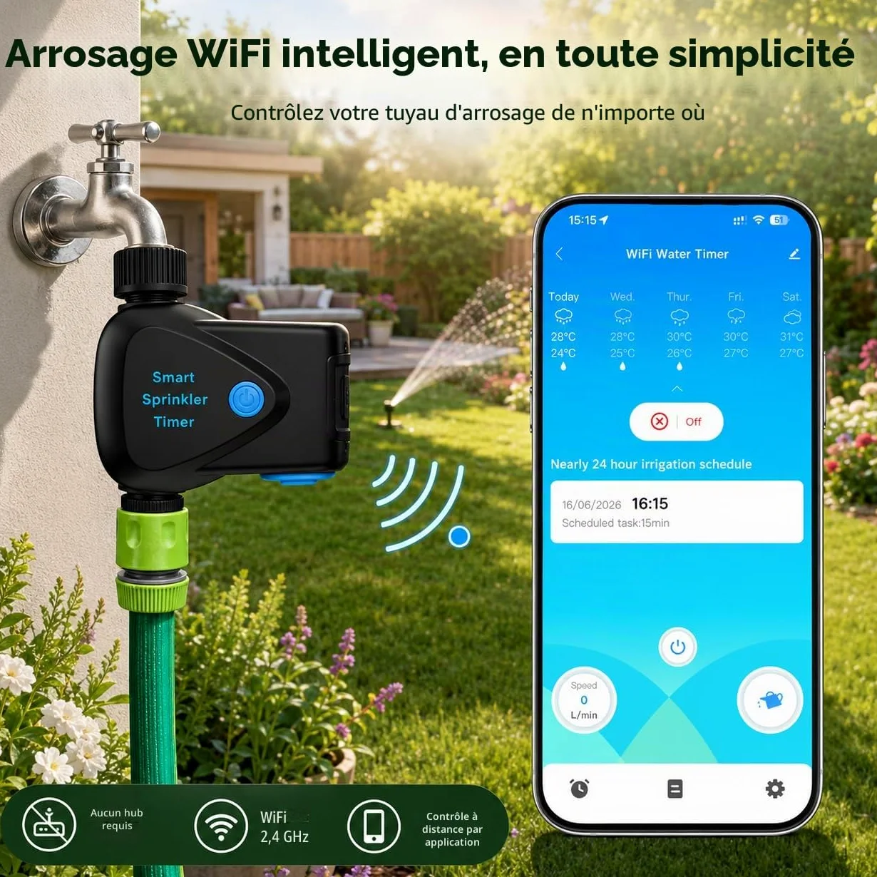 Programmateur d'Arrosage WiFi avec Compteur d'eau Intégré, Minuterie d'Arrosage Connectée sans Hub, Contrôle par App 2,4 GHz, Arrosage par Volume, Programmation, IP65 pour Jardin Pelouse Serre