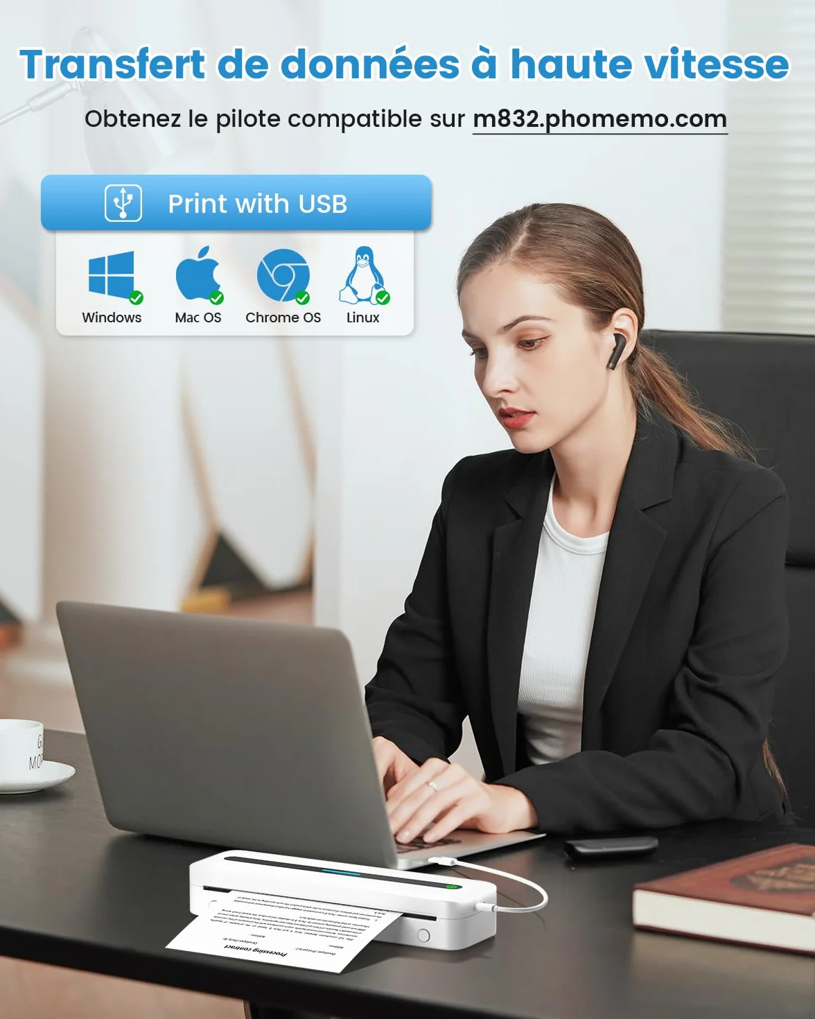 COLORWING M832 Imprimante Thermique A4 300 DPI Bluetooth Portable sans Encre