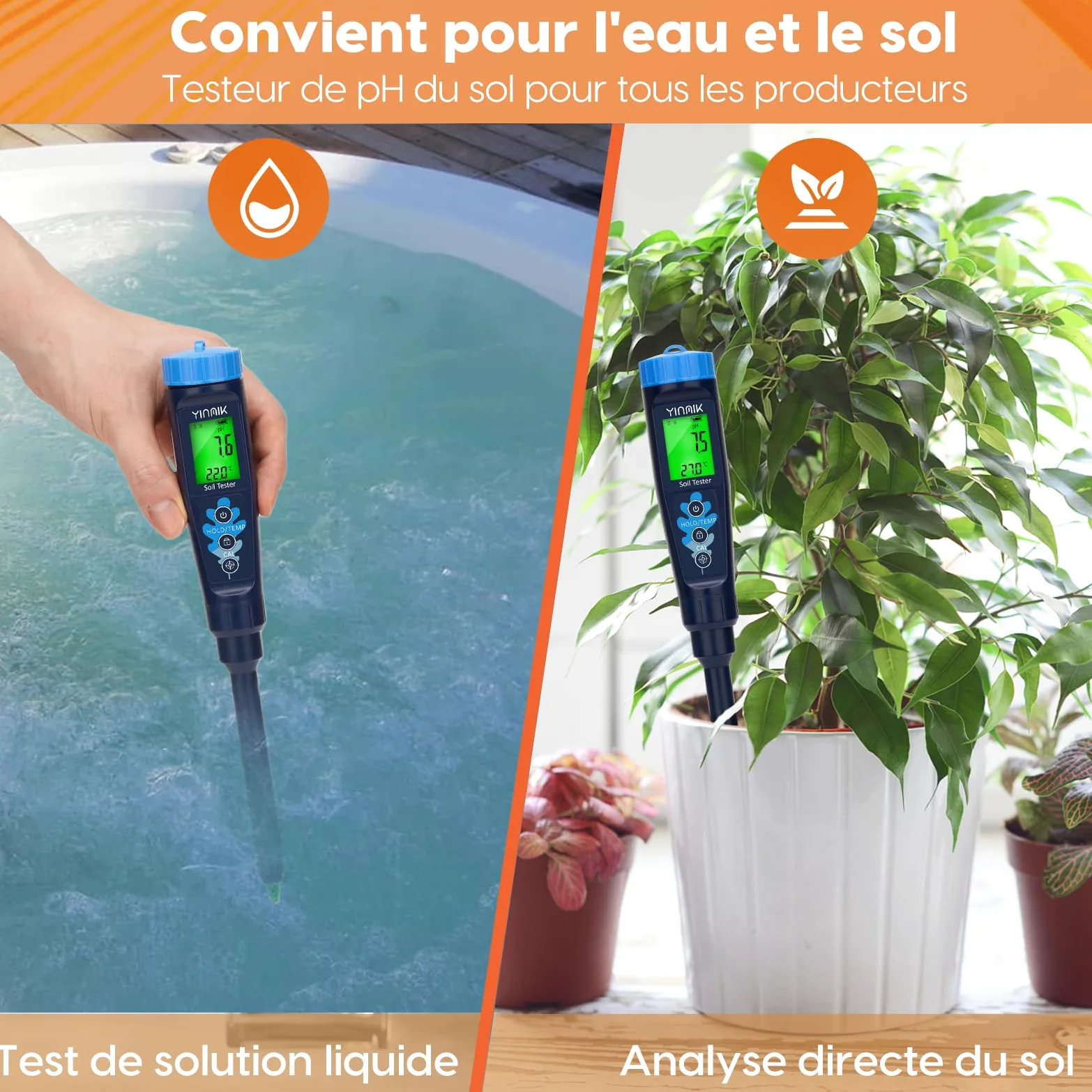 YINMIK pH Mètre de Sol Électronique, Testeur pH de la Terre pour Alimentaire, Eau, Mesurer Le pH des Plantes, Jardin, Fermes, Cours, Pâte Fermentée, Piscine, Aquarium, Brassage
