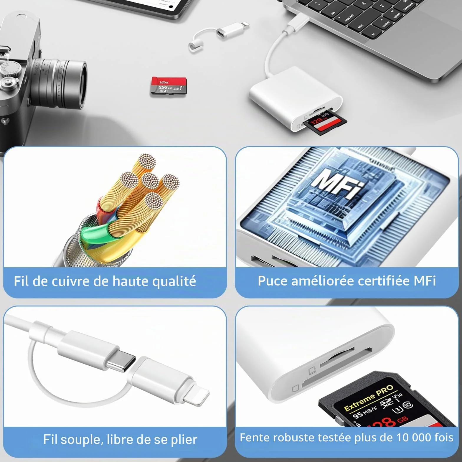 Lecteur de Carte SD Certifié Apple MFi USB-C & Lightning pour iPhone iPad Galaxy
