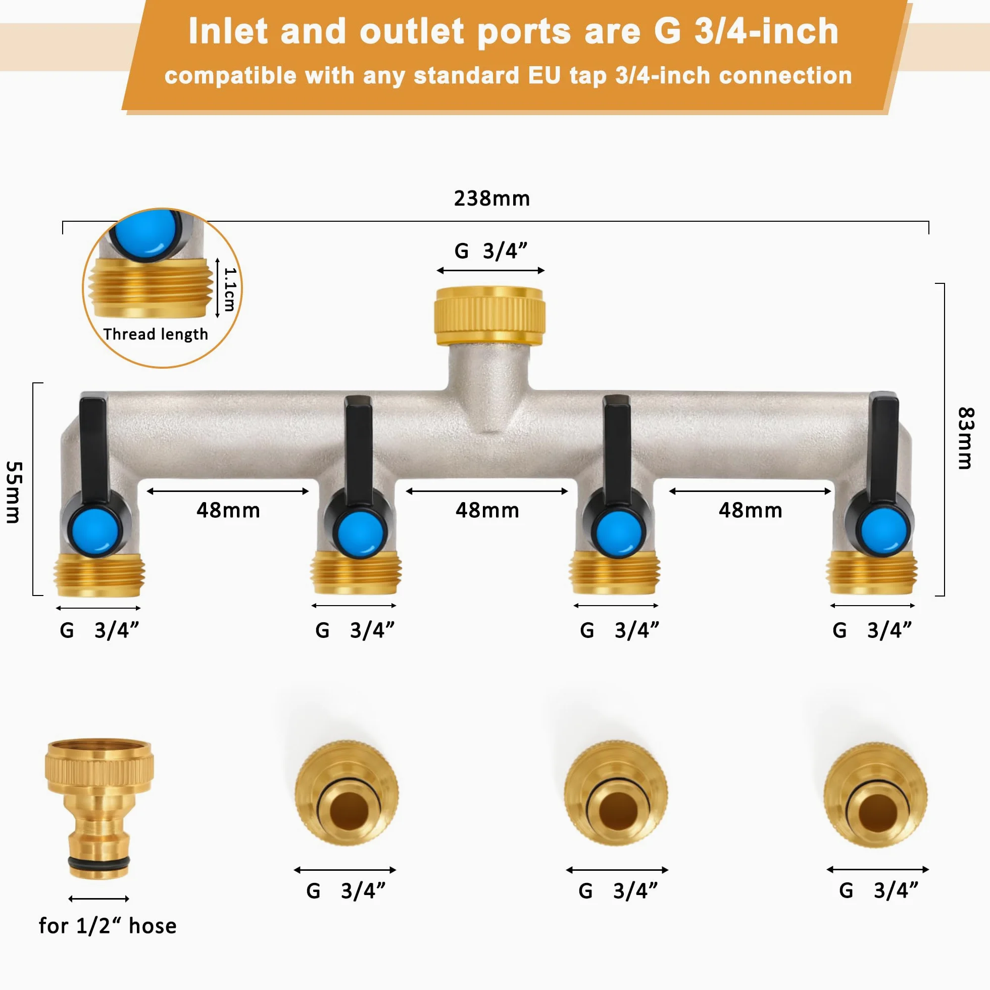 Distributeur d'eau à 4 voies, poignée allongée, distributeur d'eau en laiton de 3/4" avec robinets d'arrêt individuels, 4 distributeurs adaptateur 3/4" 1/2" pour