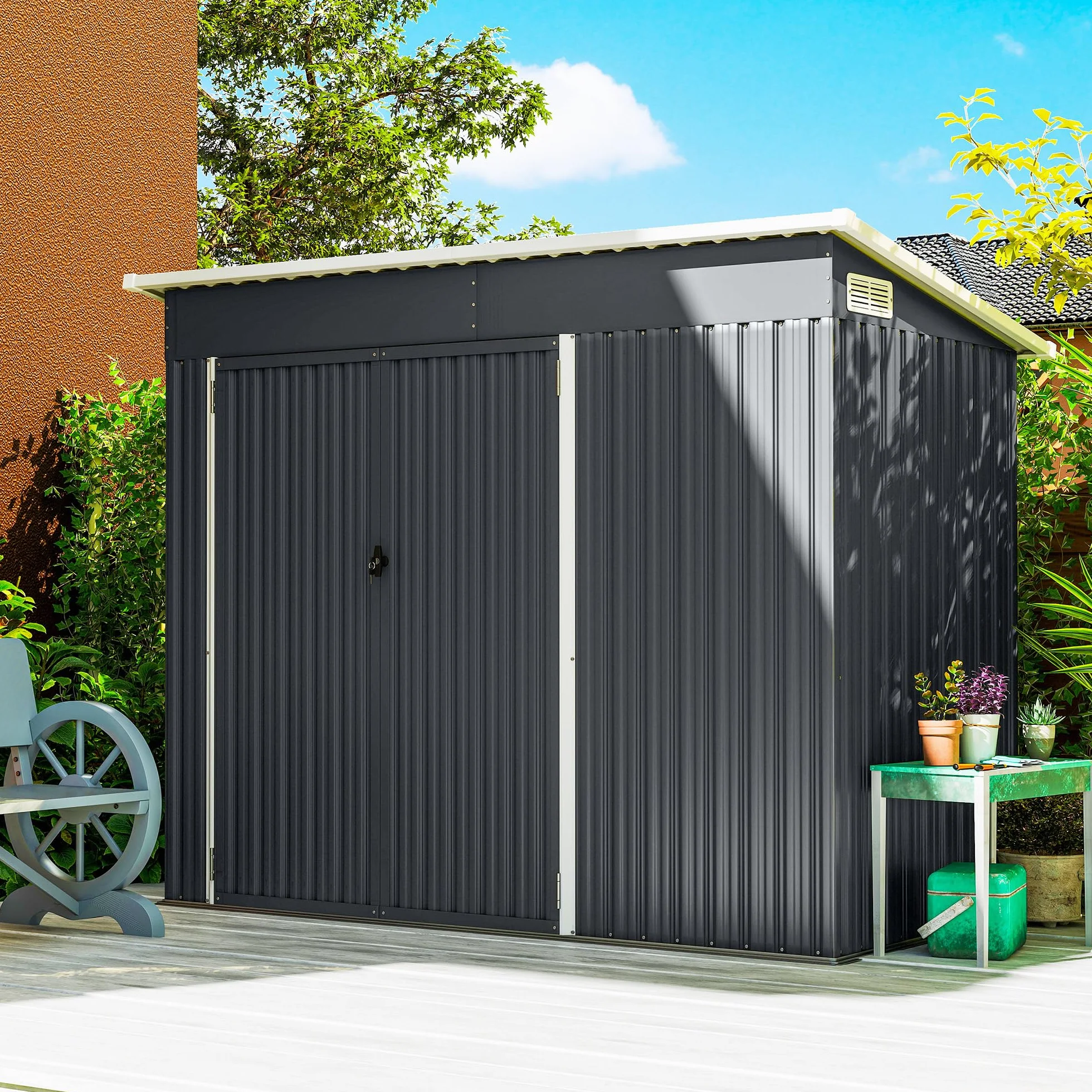 Outsunny Abri de Jardin métal 234 x 132 x 185 cm Triple Porte verrouillable Toit incliné Acier galvanisé Gris foncé