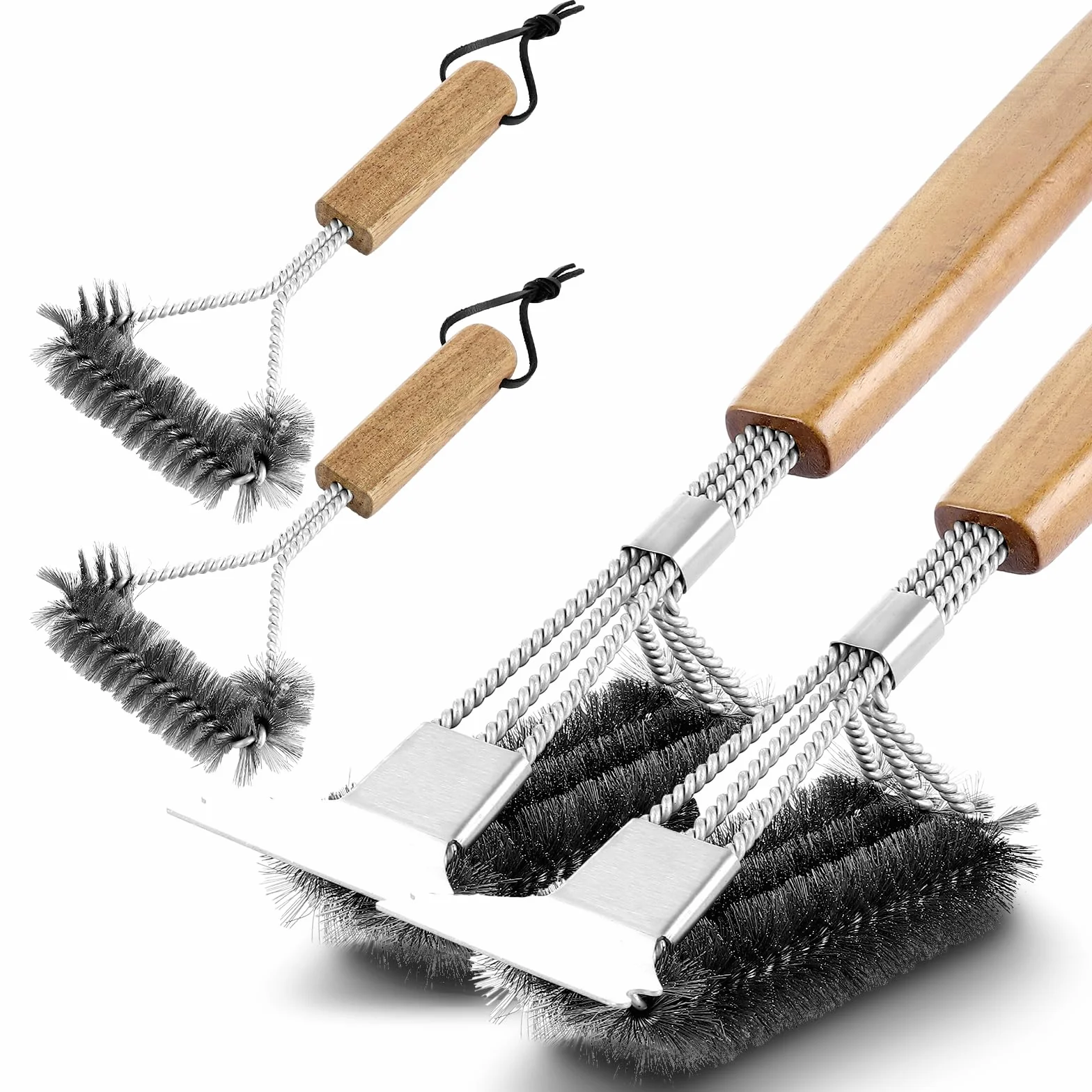Brosses de nettoyage barbecue 39 cm manche bois acier inoxydable Lot de 4