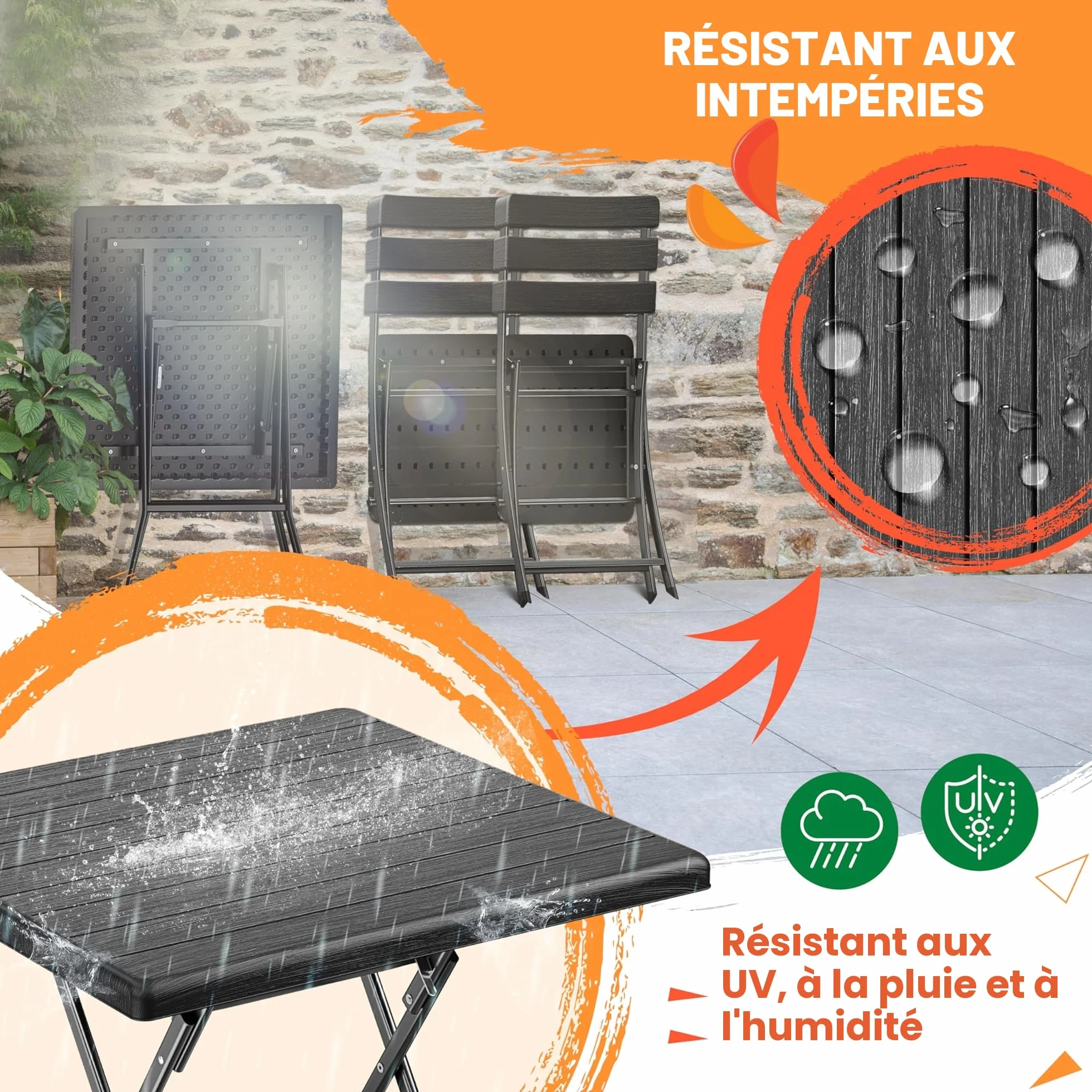 KESSER Ensemble de Bistrot 3 Pièces Pliable Acier Bois Balcon Résistant Intempéries UV