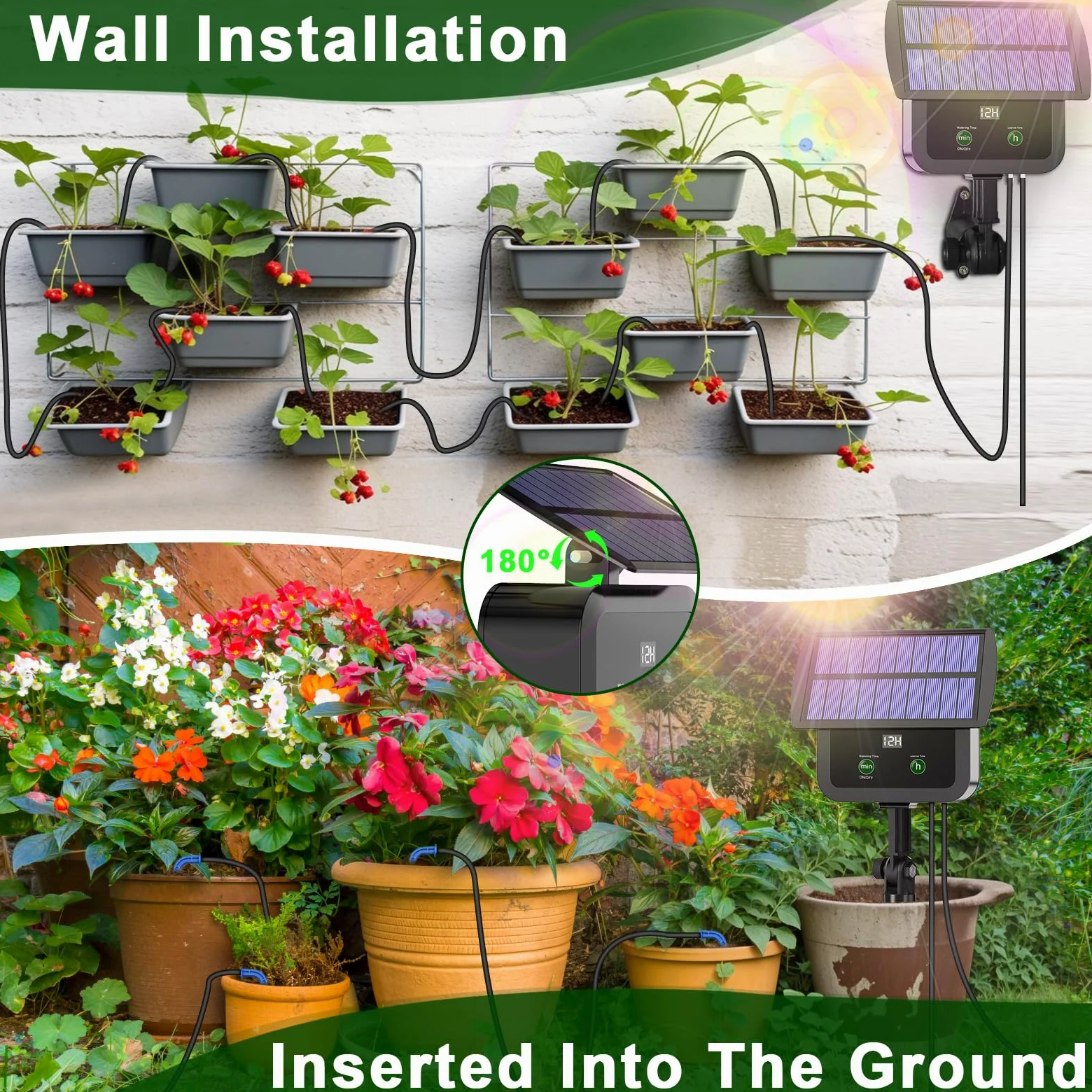 Kit de système d'irrigation goutte à goutte solaire, système d'arrosage automatique avec 30 modes de fonctionnement et 10 intervalles d'arrosage prend en charge 15 plantes en pot, kit d'irrigation