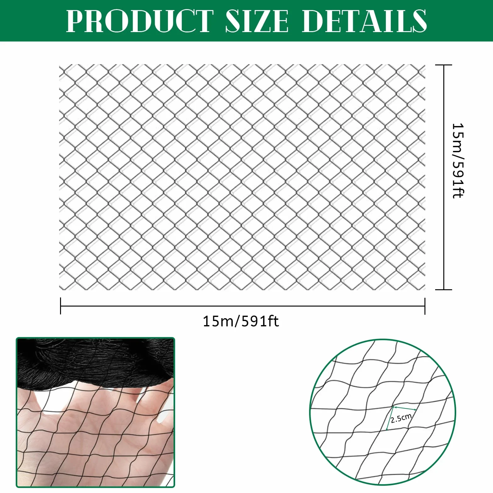 Filet Anti Oiseaux Pigeon 15m x 15m Mailles 2.5 cm Protection Jardin