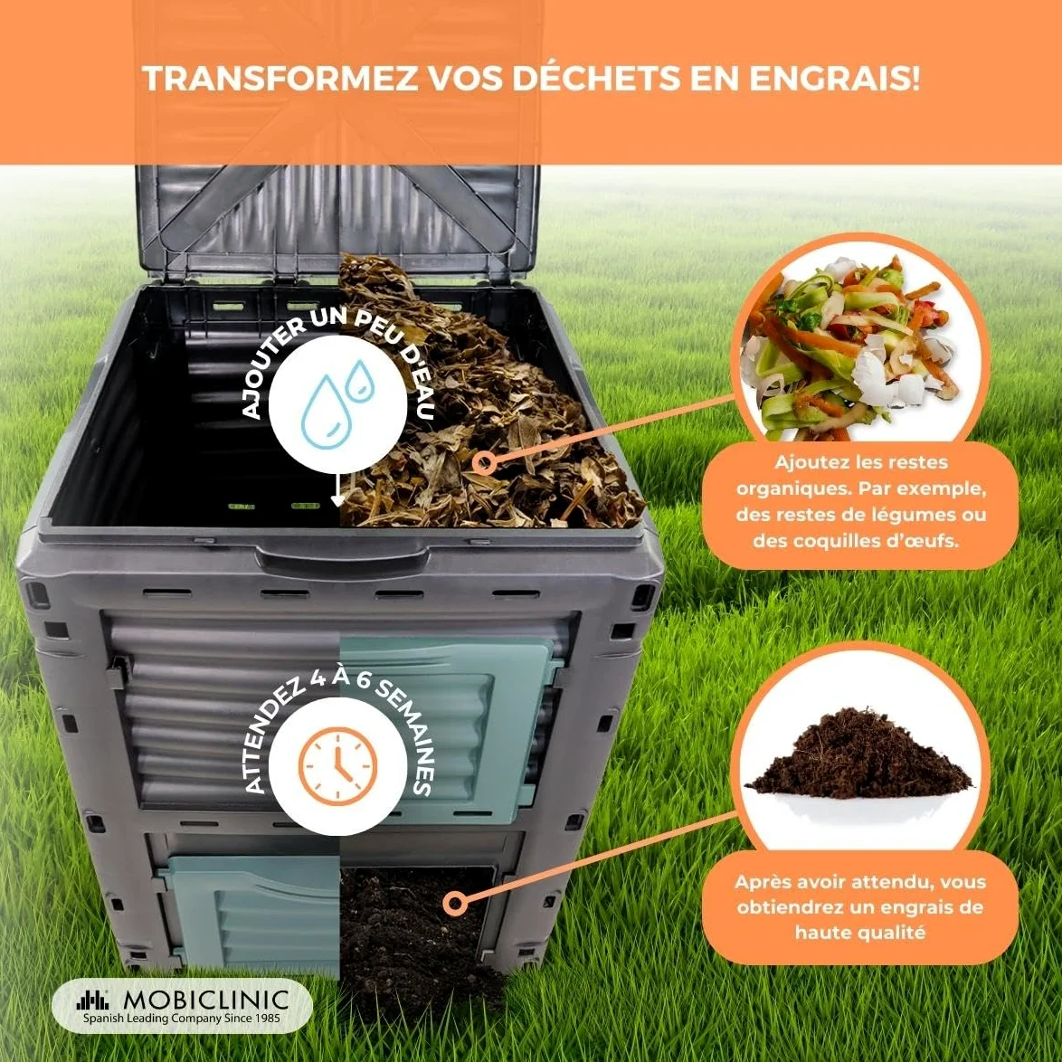 Mobiclinic®, Composteur de Jardin, Biobin, sans Frais supplémentaires, 300l, Ecologique, Transformateur déchets, Outils, Grilles d'aération, Transforme Les en Compost Naturel