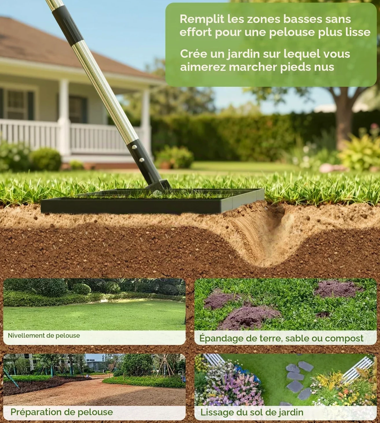 Rateau Nivellement 75 x 35 cm, rateau de nivellement réglable, Manche Acier 180 cm, rateau Jardin et rateau de nivellement de pelouse pour niveler Terre, Sable et pelouses dans Jardins et Golf