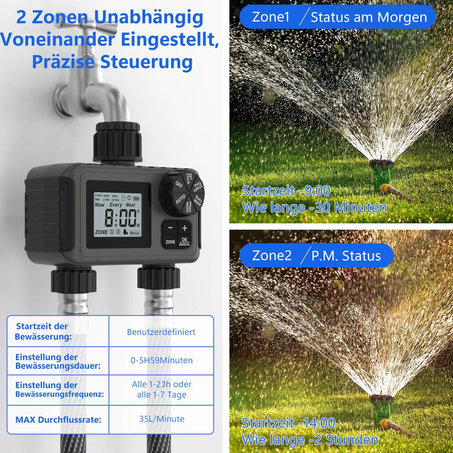 HITRENDS Ordinateur d'irrigation 2 sorties, grand écran LED, minuterie d'arrosage avec retard de pluie/contrôle manuel/minuterie de robinet, convient pour les jardins, les pelouses et les plantes en