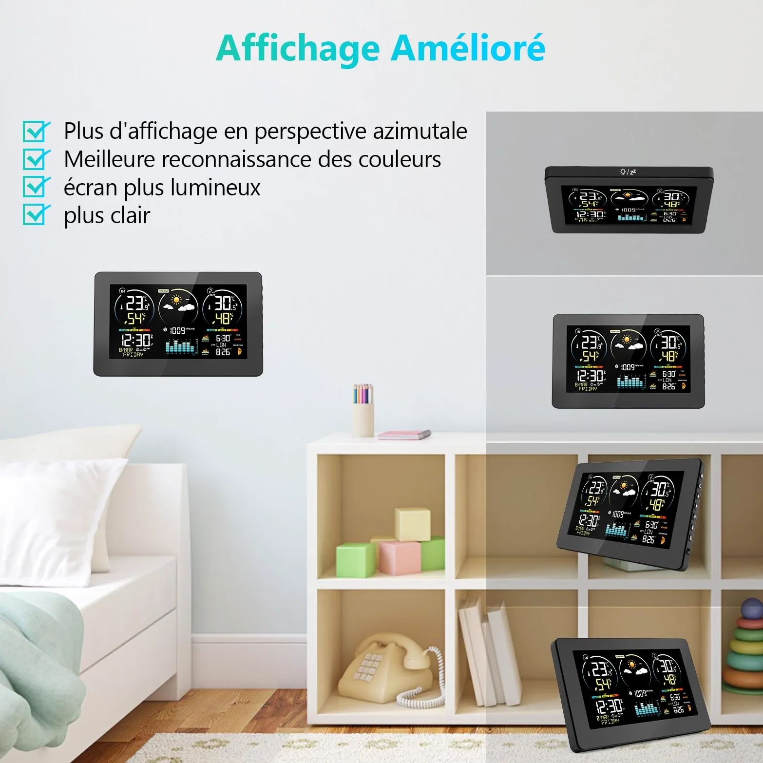 Station Météo Intérieur Extérieur Sans Fil avec 1 Capteur Extérieur | Thermomètre Hygromètre Digital, Écran LCD Couleur, Horloge Radio-commandée, Réveil Snooze, Calendrier, Prévisions Météo
