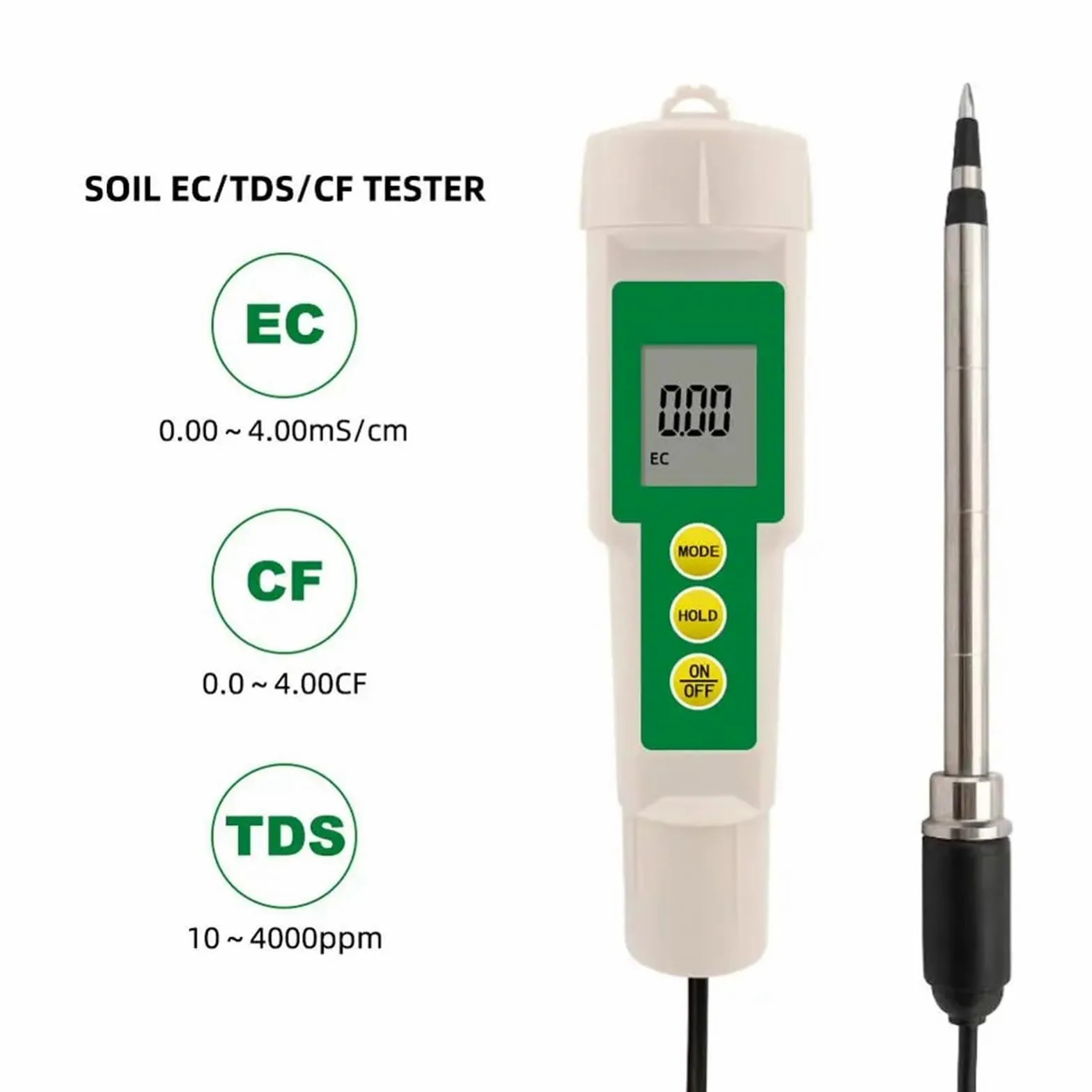 EC-3185 Compteur de Sol étanche EC/TDS/CF Testeur avec sonde for la Culture en Serre, horticole, Le Laboratoire Jardinage, Agriculture