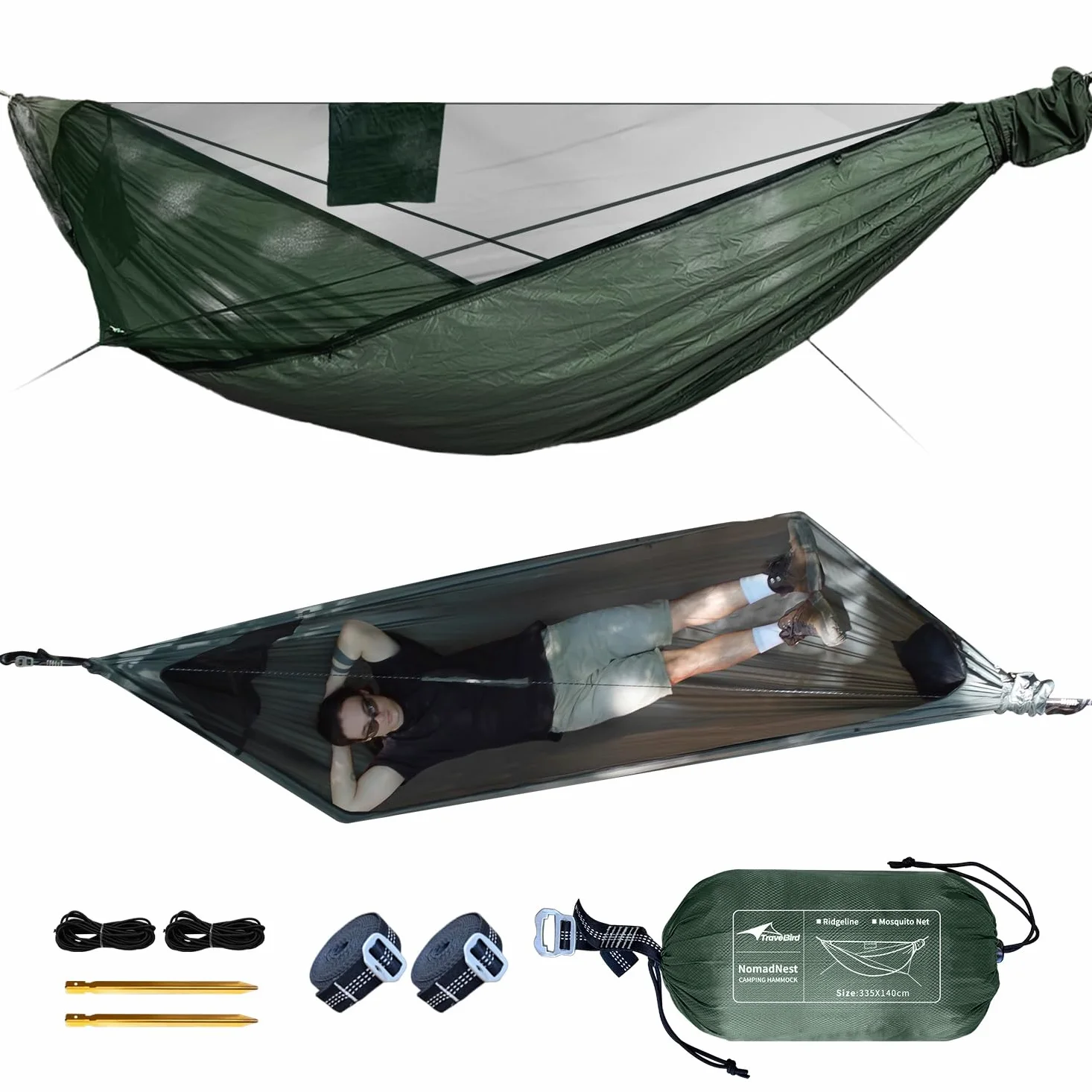 NomadNest Hamac Moustiquaire avec Filet et Corde de Faîtage, 335 x 140 cm, Engrener Entièrement Ouverte et Amovible, Hamac de Voyage Facile à Installer Pour le Camping, Randonnée et Jardin