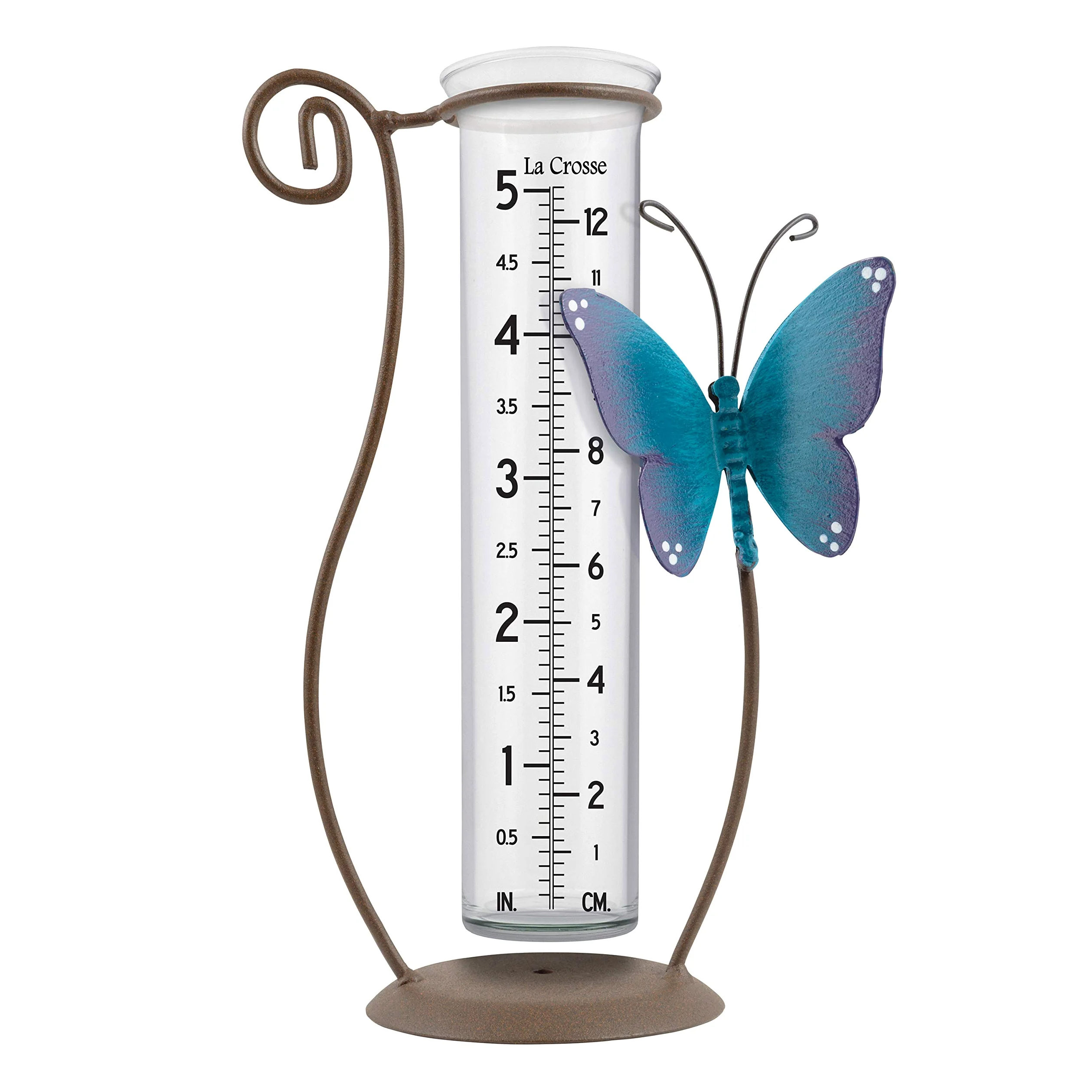 La Crosse 704-71077-INT Pluviomètre en verre Motif papillon Bleu Bronze Capacité 12,7 cm