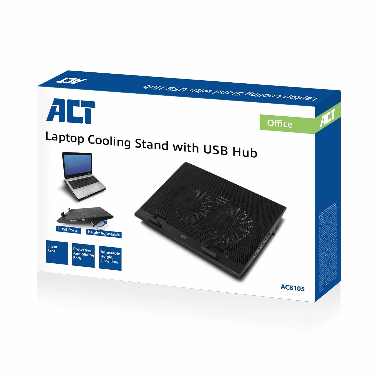 ACT Support de Refroidissement pour Ordinateur Portable 17", 2 Ventilateurs Silencieux, Hauteur Réglable, Concentrateur USB 4 Ports