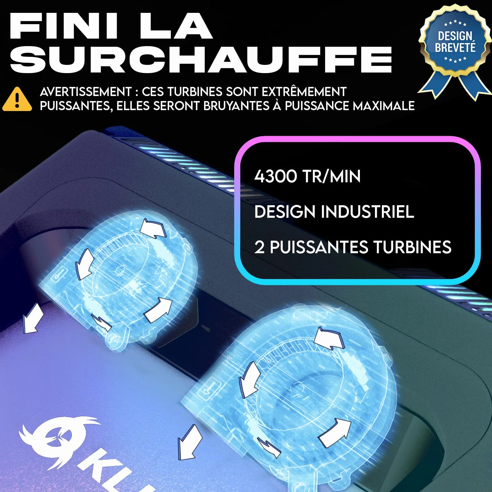 KLIM Everest Support Ordinateur Portable Ventilé Refroidisseur PC Portable Turboventilateur 4300 RPM Mousse Isolante 14-17,3" Noir