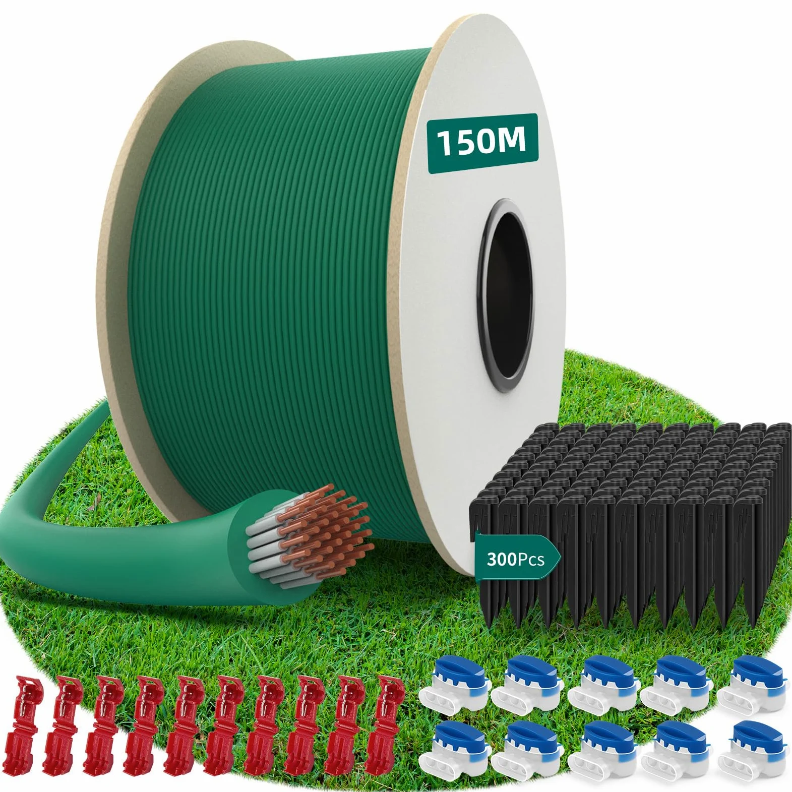 HAUSPROFI Cable Robot Tondeuse 150M + 300 Piquets + 10 Connecteurs de Câble + 10 Bornes de Connexion, Fil robot tondeuse, Câble pour robots tondeuses de Worx,Gardena,Bosch,Yard Force etc