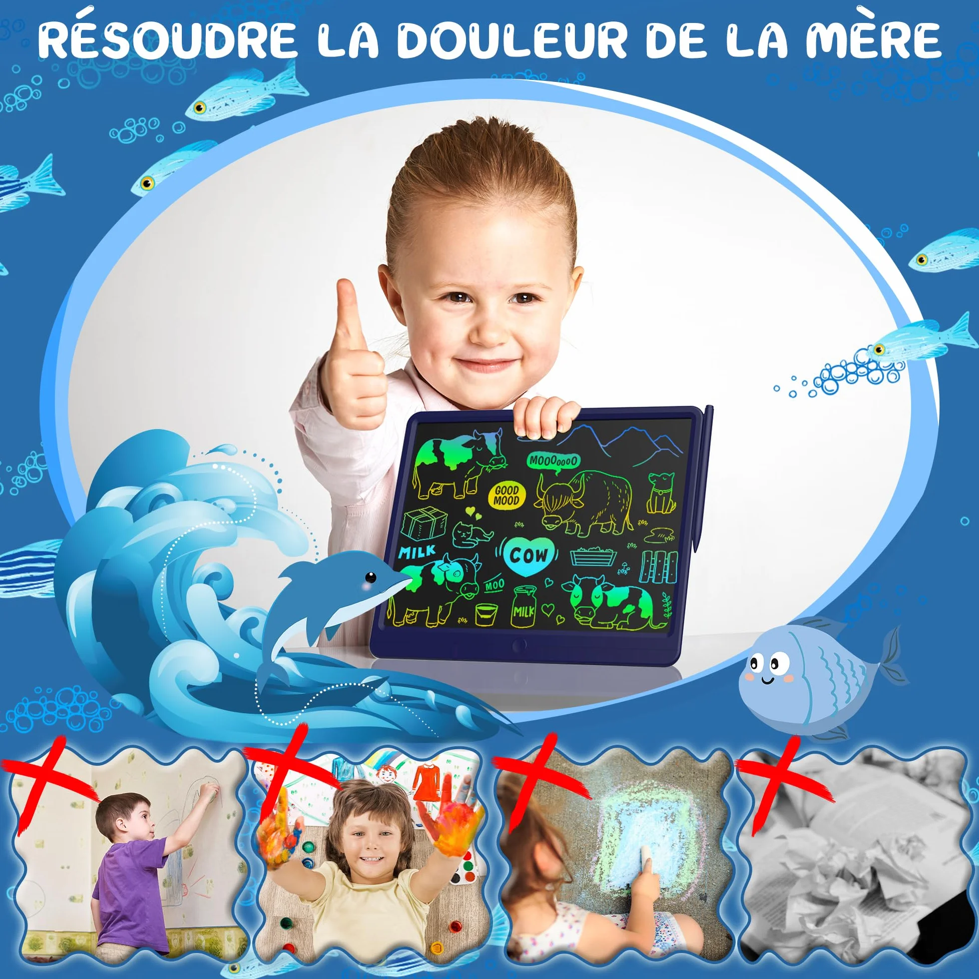 GIGART Tablette d'écriture LCD 15 pouces écran coloré effacement verrouillable cadeau anniversaire 3-12 ans bleu foncé