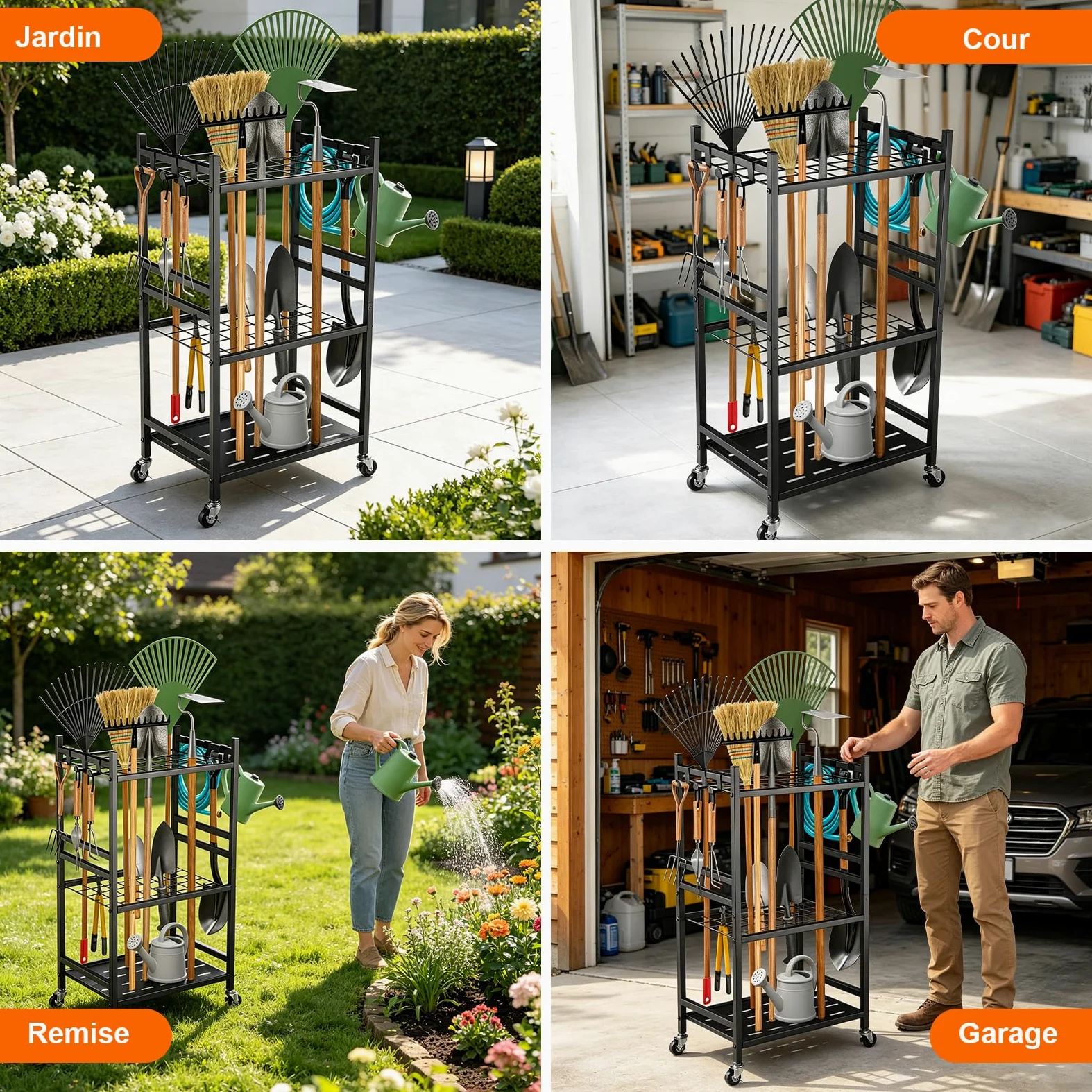 Organisateur d'outils de Jardin 40 Emplacements et 6 Crochets, Support Rangement Outils pour Jardin en Carbone, 42*30*80cm, Étagère de Rangement pour Garage Pelouse Abri Balai Pelle Râteau