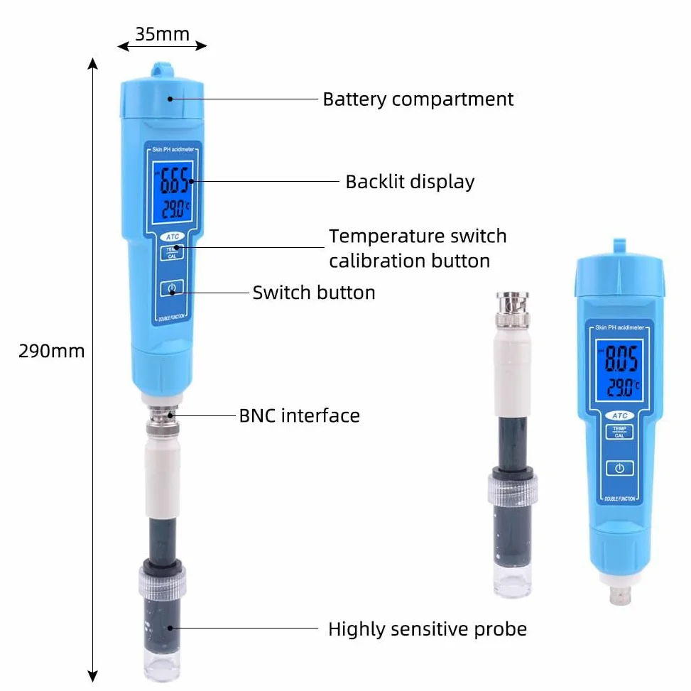 Testeur de pH et sonde de température 2 en 1 avec capteur de haute sensibilité, IP67 étanche, compteur d'acidité numérique, viande, fruits, eau potable et culture hydroponique