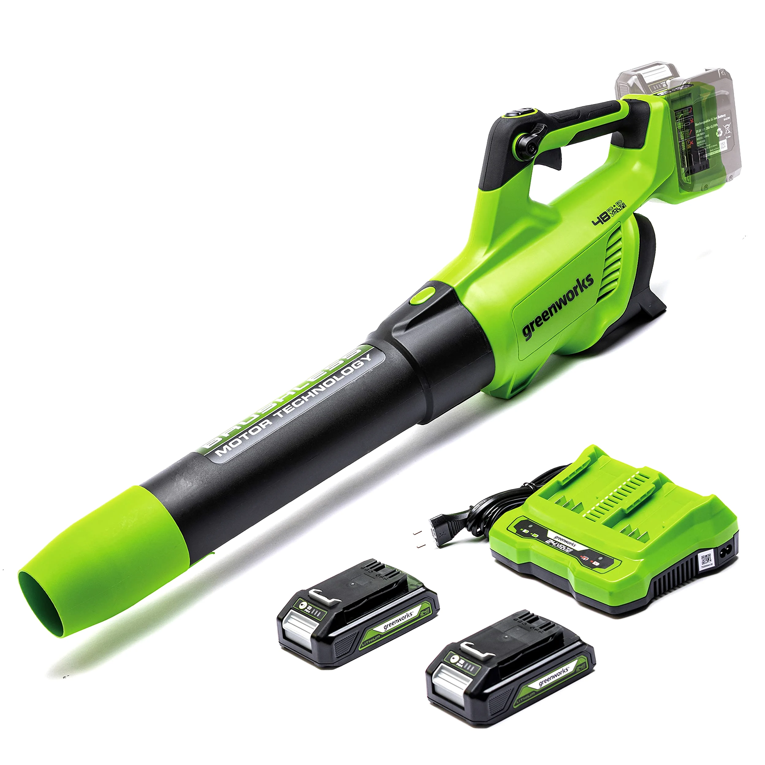 Greenworks 48V(24Vx2) Souffleur à Batterie Axial de Feuilles Sans Fil avec Moteur Sans Balai, Fonction Turbo, 217 km/h, 16,4 m³/min, AVEC Deux Batteries 24V 2Ah et Chargeur, Garantie 3 Ans GD24X2ABK2X