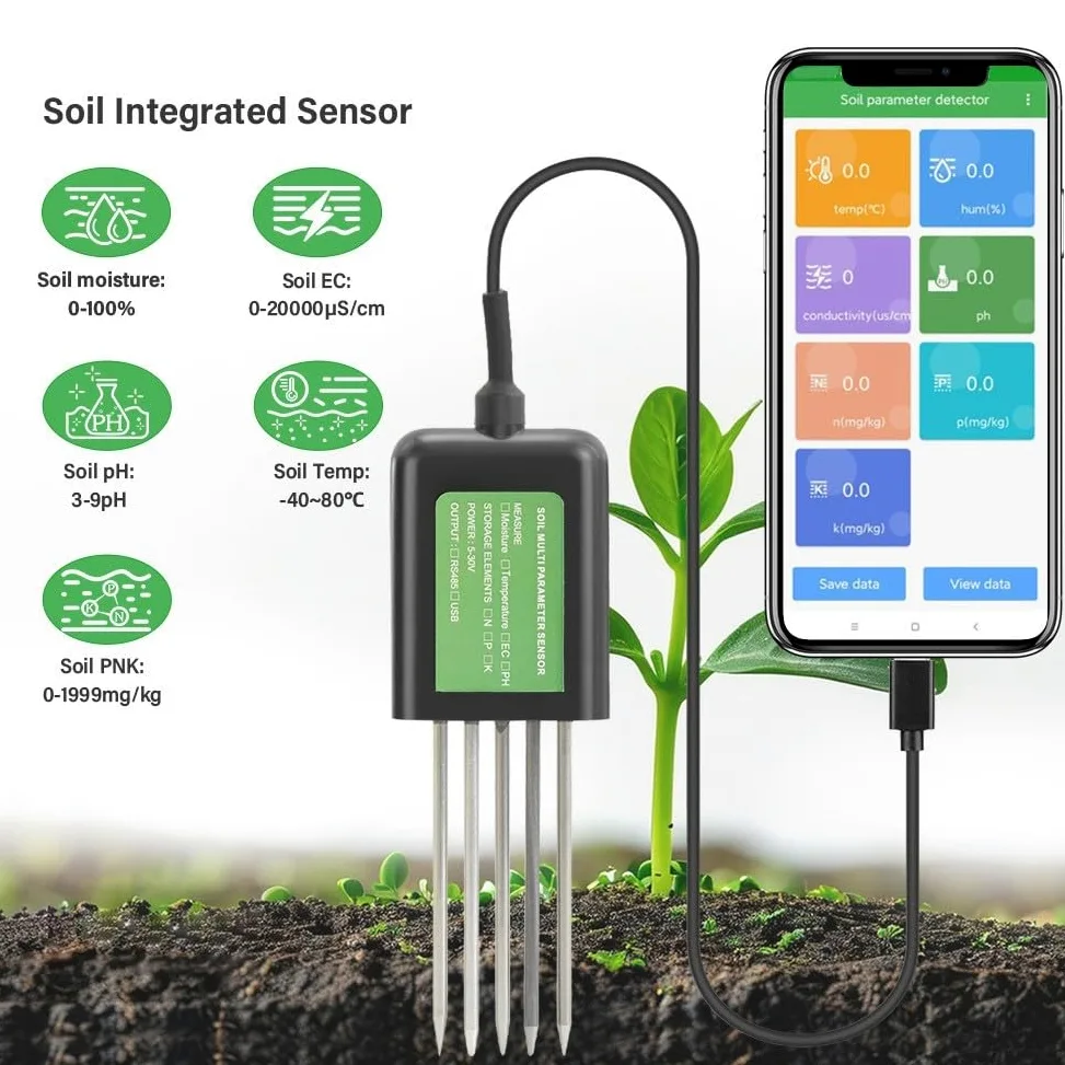 Sonde de sol USB 7 en 1 Testeur de sol avec PH/EC Température Humidité NPK Analyse de l'humidité IP68 Étanche Interface USB pour appareils Android pour l'agriculture, le jardinage et la
