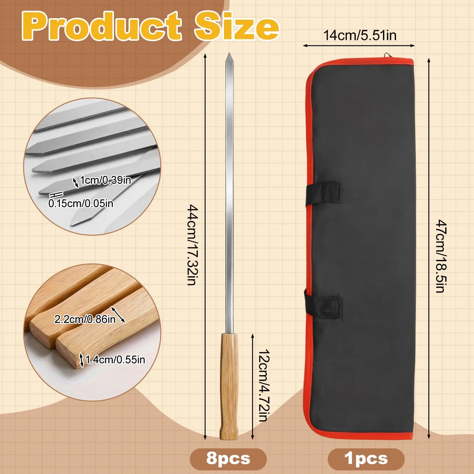 Brochettes barbecue acier inoxydable 410 44cm réutilisables manche chêne 8 pièces