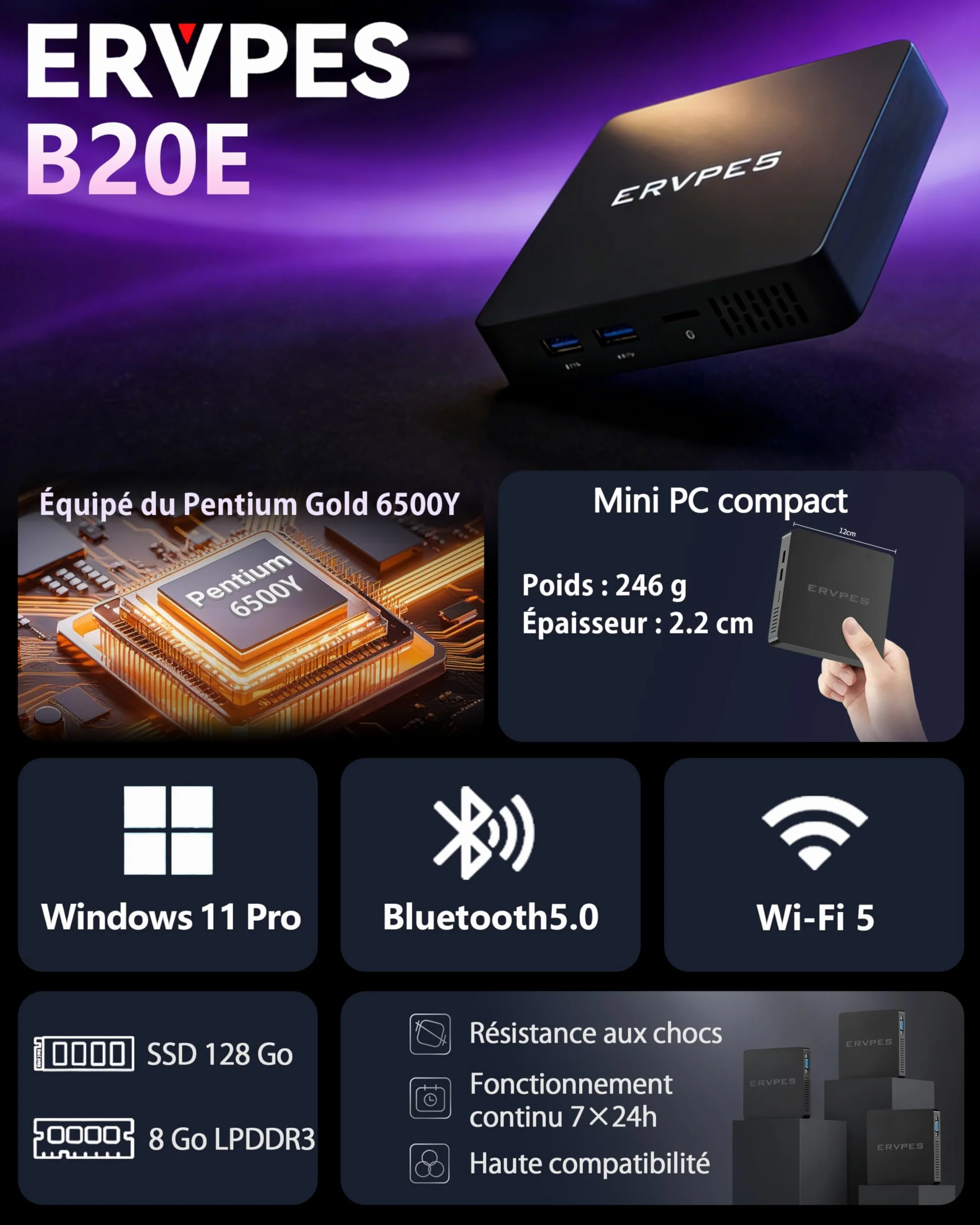 Mini PC Pentium 6500Y 8GB LPDDR3 128GB SSD Windows 11 Pro 4K Double Écran WiFi5 BT5.0 Gigabit Ethernet USB3.2 VESA Silencieux