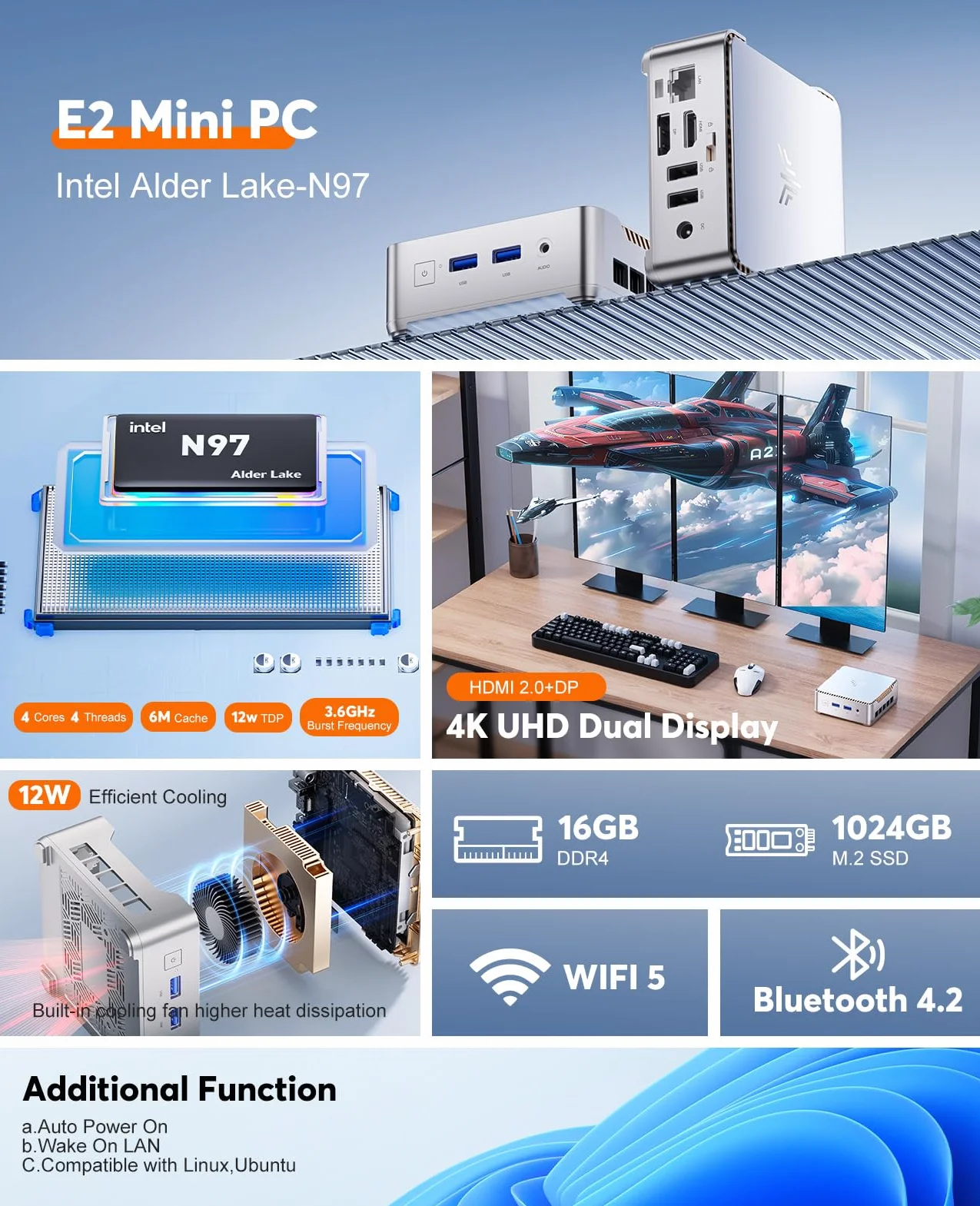 NiPoGi Essenx E2 Mini PC Intel Alder Lake-N97 16 Go DDR4 1024 Go SSD M.2 Double WiFi LAN 1000 Mbps HDMI 2.0 DP 4K